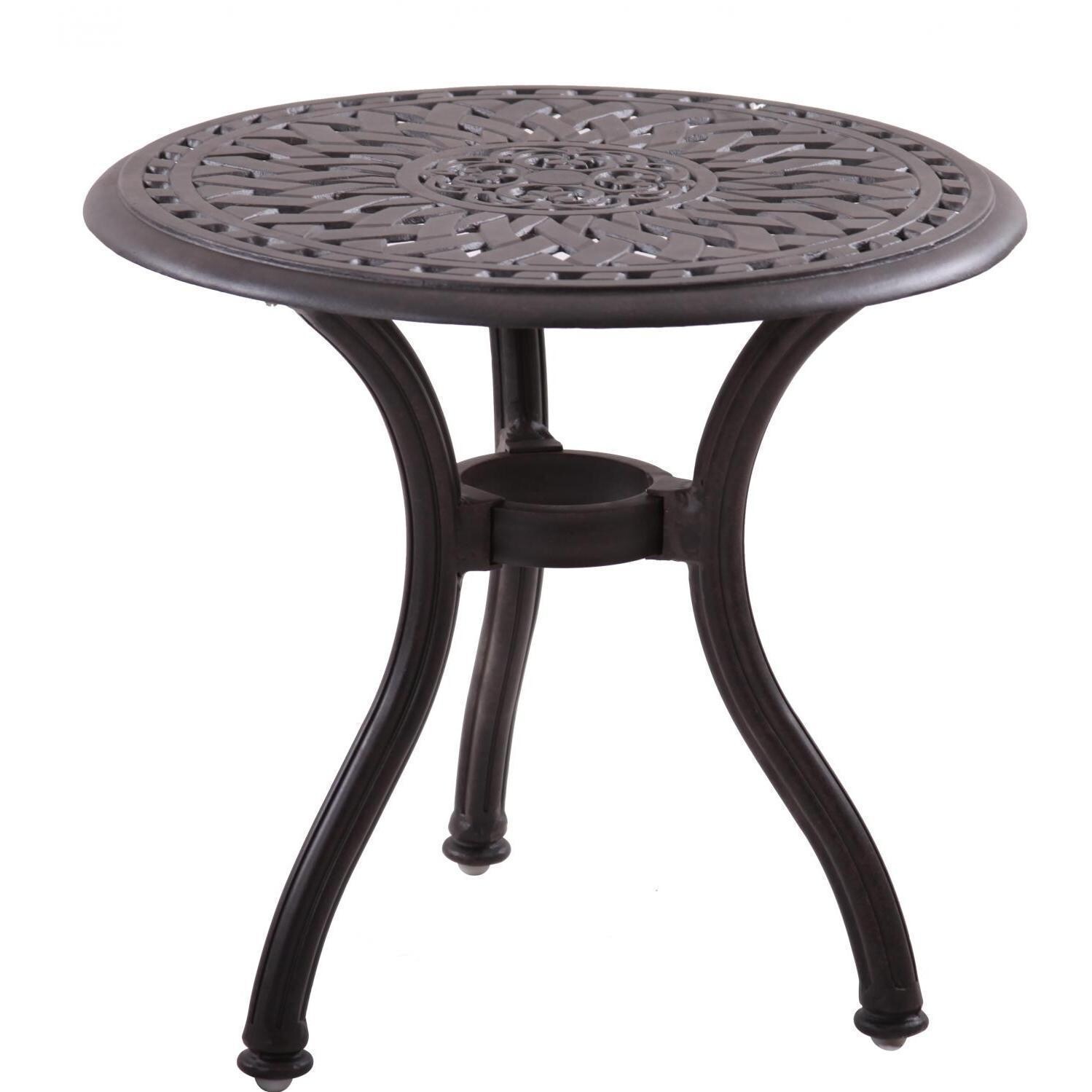 Santa Anita 7 Pc Cast Aluminum Patio Chaise Lounge Set w/ Heather Beige Sunbrella Cushions & Paprika Umbrellas By Darlee - 60 Round End Table - White Background thumbnail