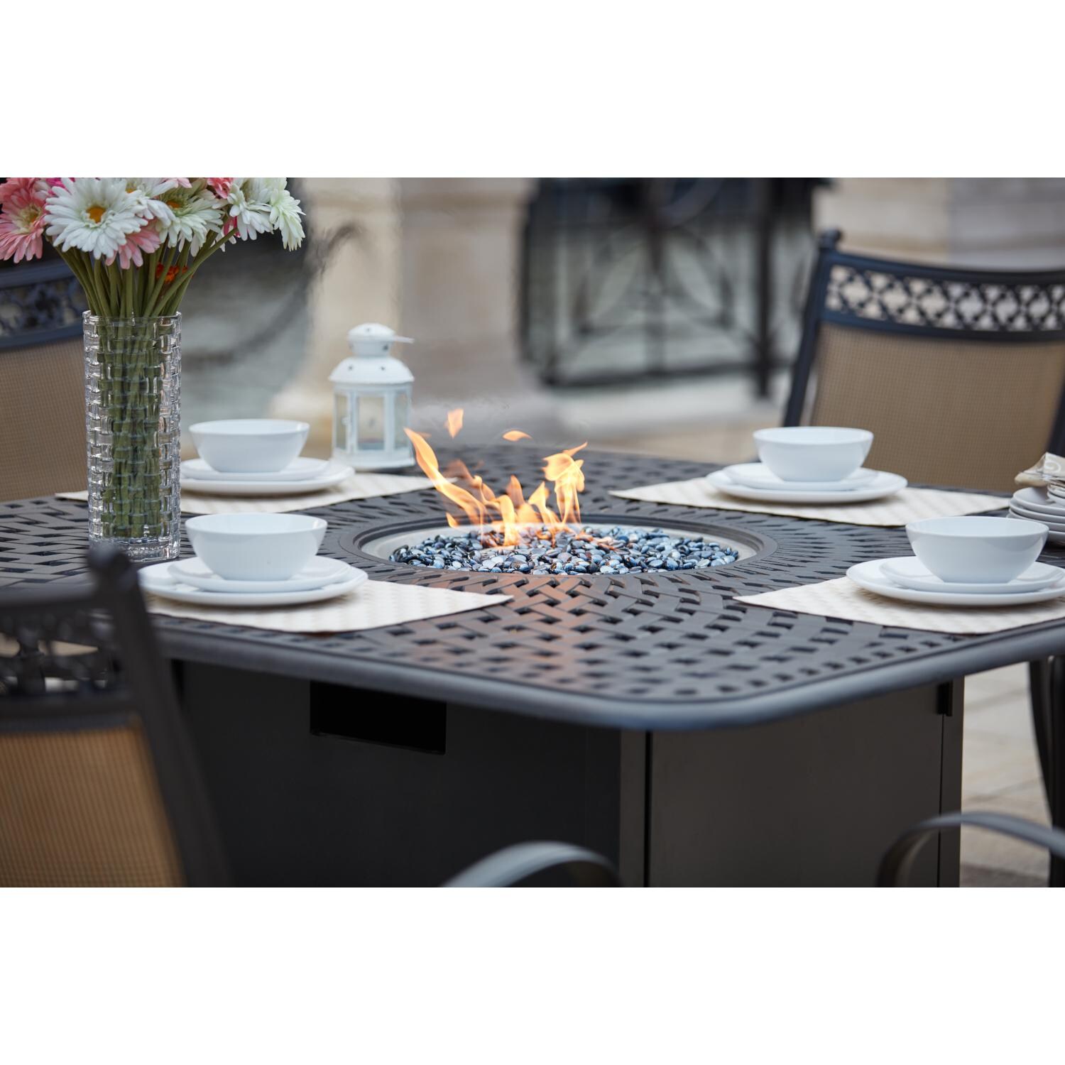 Darlee 201610-9PC-60GHW Mountain View Cast Aluminum 60 Inch Round Counter Height Fire Pit Dining Table - Lifestyle thumbnail