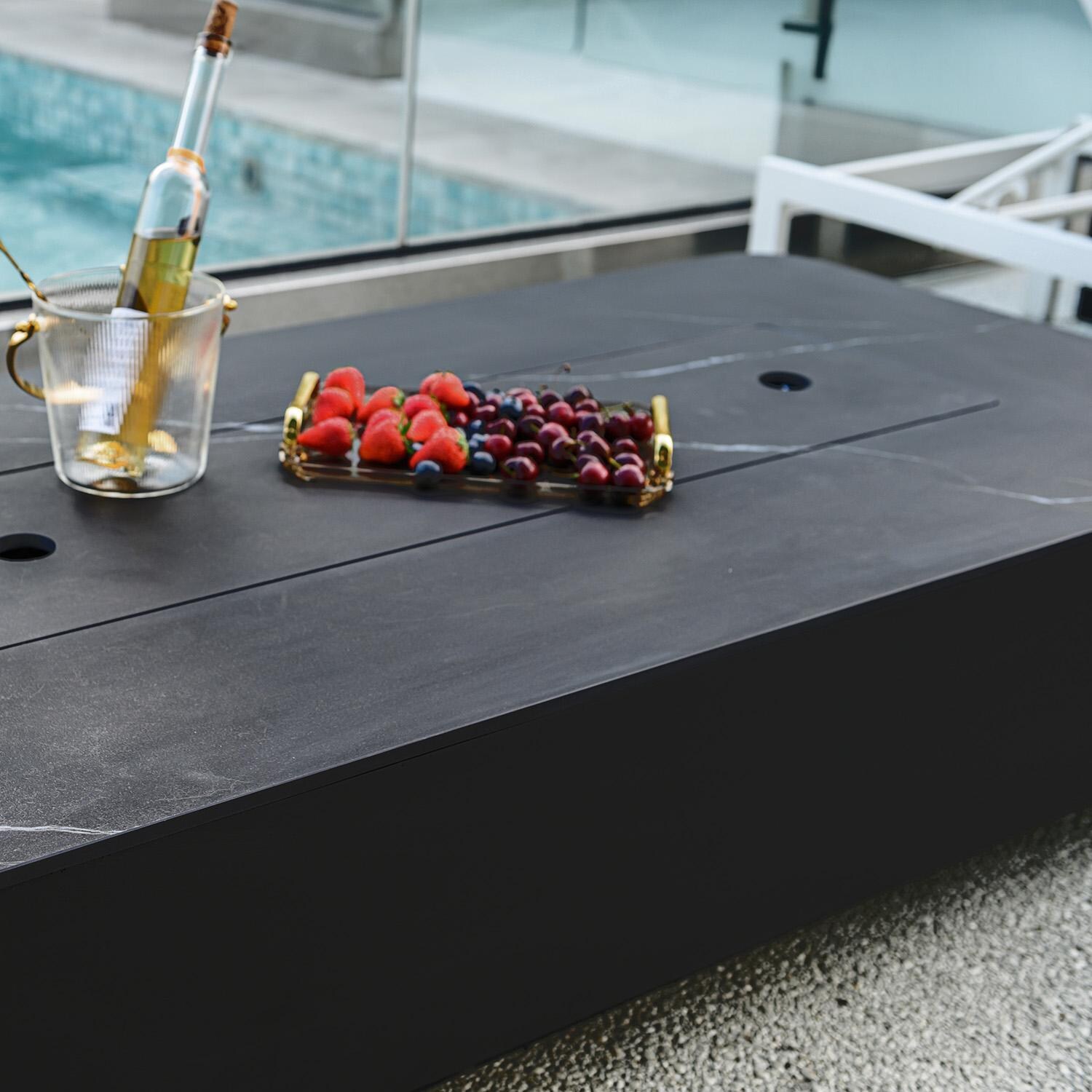 Elementi Valencia 30-Inch Rectangle Marble Porcelain Natural Gas Fire Pit Table - Black - Close Up - Lifestyle thumbnail