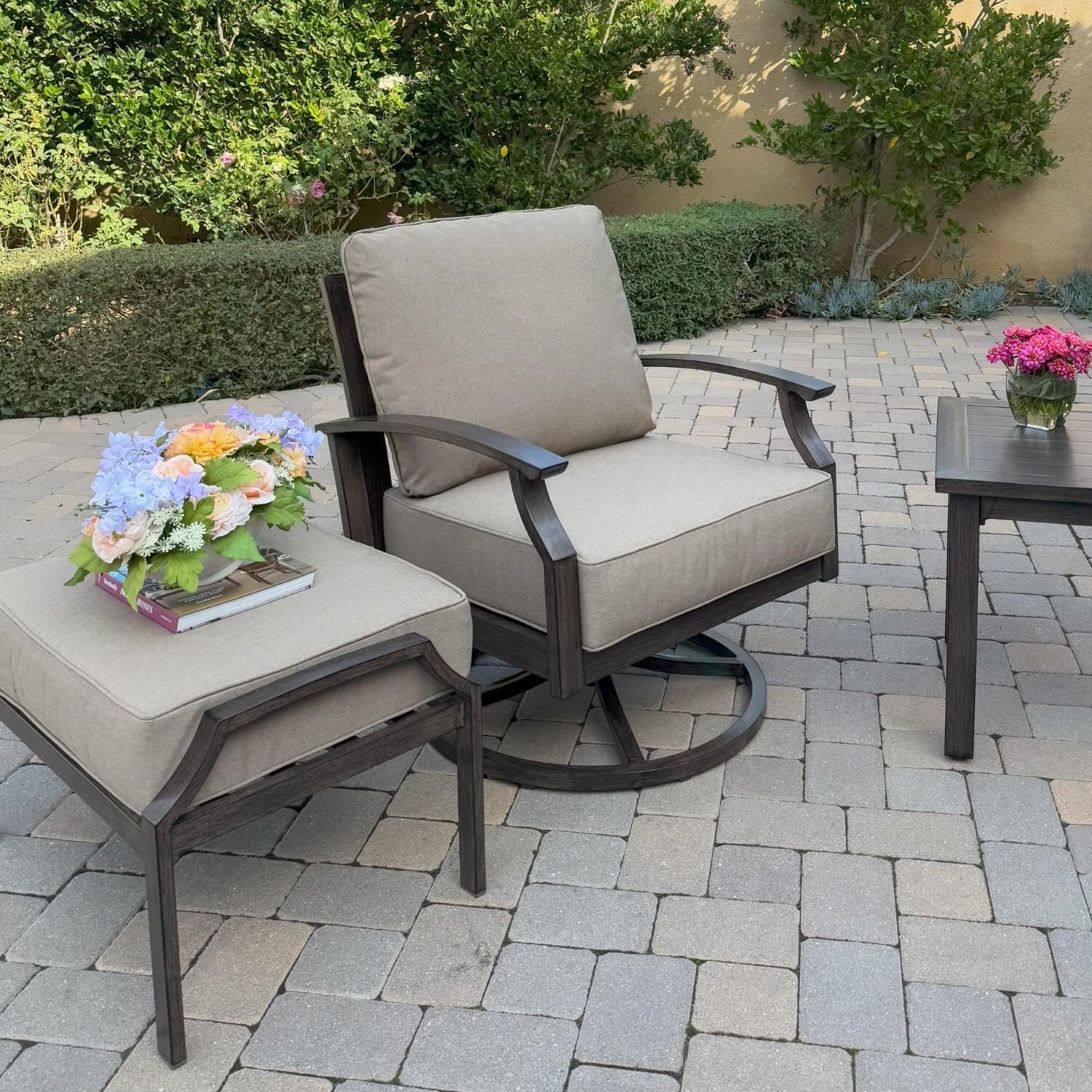 Atlantis 5 Pc Aluminum Seating Set w/ 2 Swivel Rocker Club Chairs & 2 Ottomans in Walnut/Beige by Darlee - Chair & Ottoman - Lifestyle thumbnail