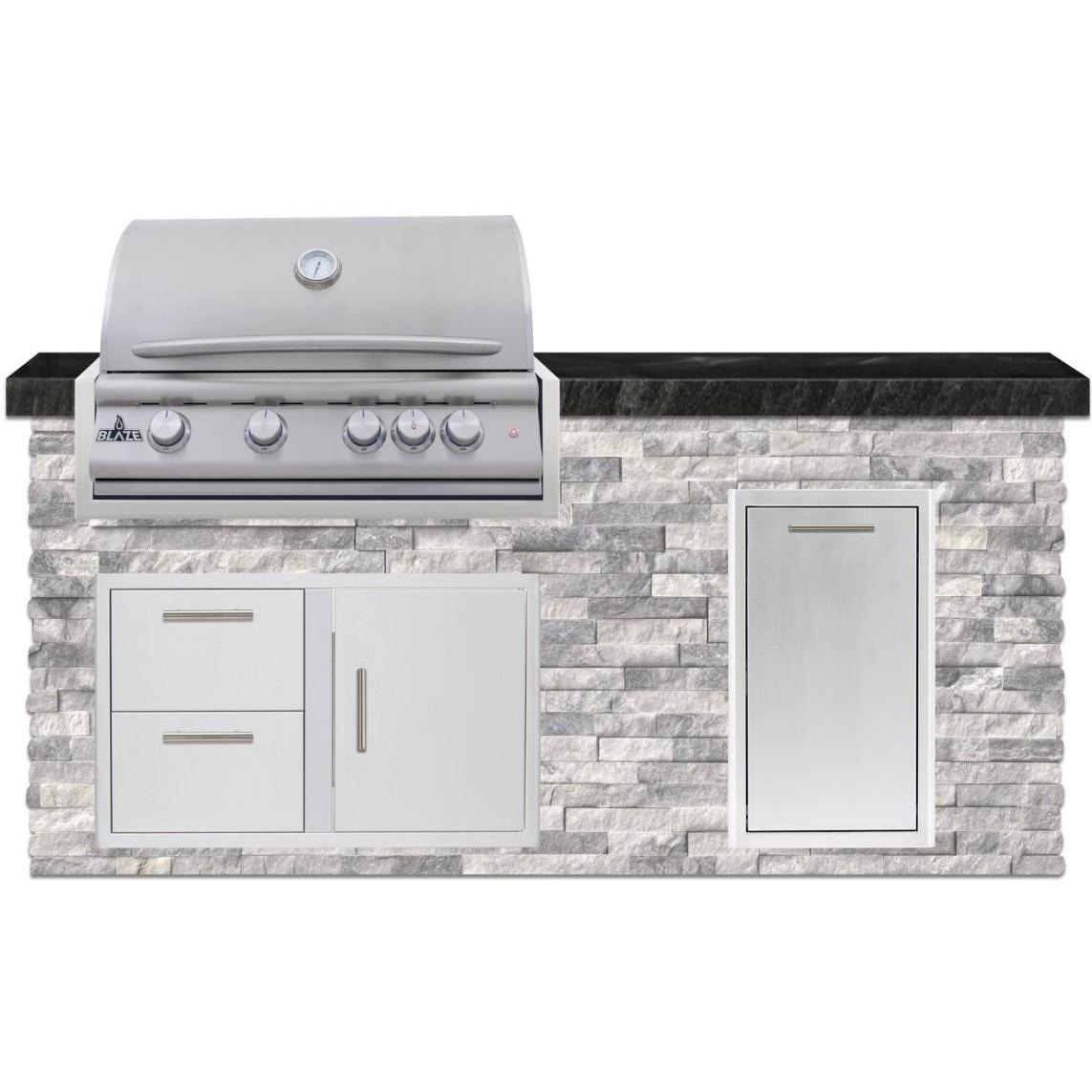 BBQGuys Signature 6 Ft Grill Island w/ 32 Inch Propane Blaze Premium LTE+ Grill, Narrow Trash Bin & Door & Drawer | Alaska Gray w/ Black Granite - Front - White Background - Render thumbnail