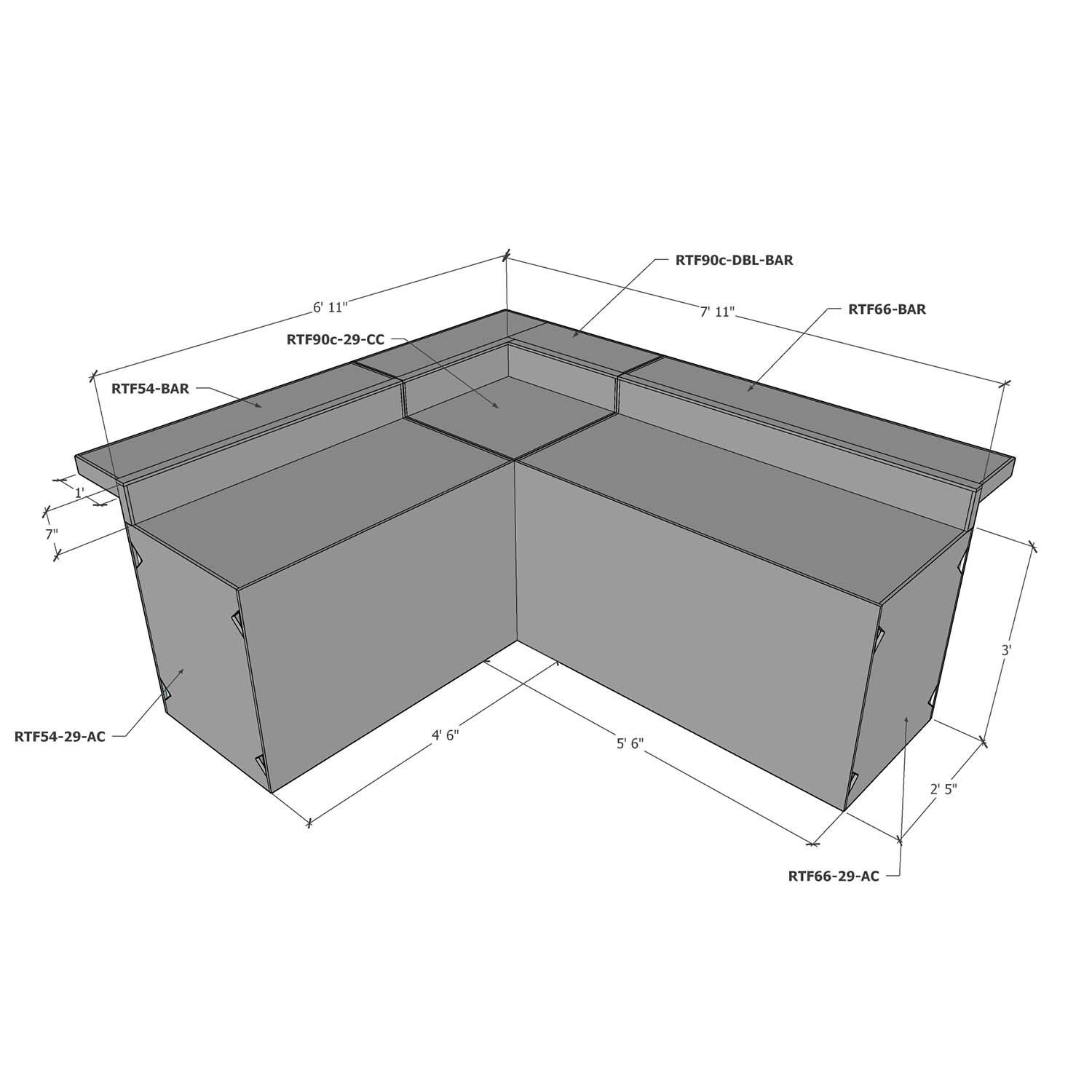 Universal 7 ft X 8 ft Ready To Finish L-Shaped Outdoor Kitchen System Appliance and Storage Cabinets W/Bars On Both Sides - Dimensional thumbnail
