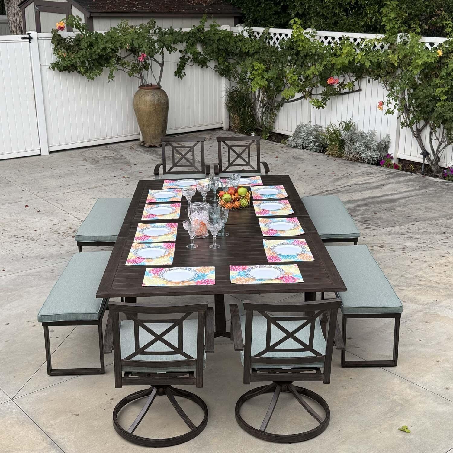 Atlantis 9 Pc Aluminum Swivel / Rocker Dining Set in Walnut/Spa by Darlee - Lifestyle thumbnail