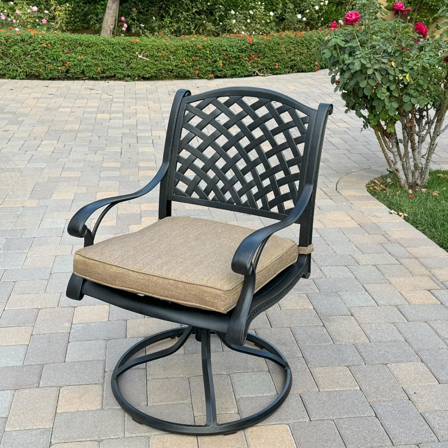 Darlee B/DL13-9PCAR-30W-S Nassau 9 Pc Cast Aluminum Dining Set in Antique Bronze w/ Sesame Cushions - Chair w/ Cushion - Lifestyle thumbnail