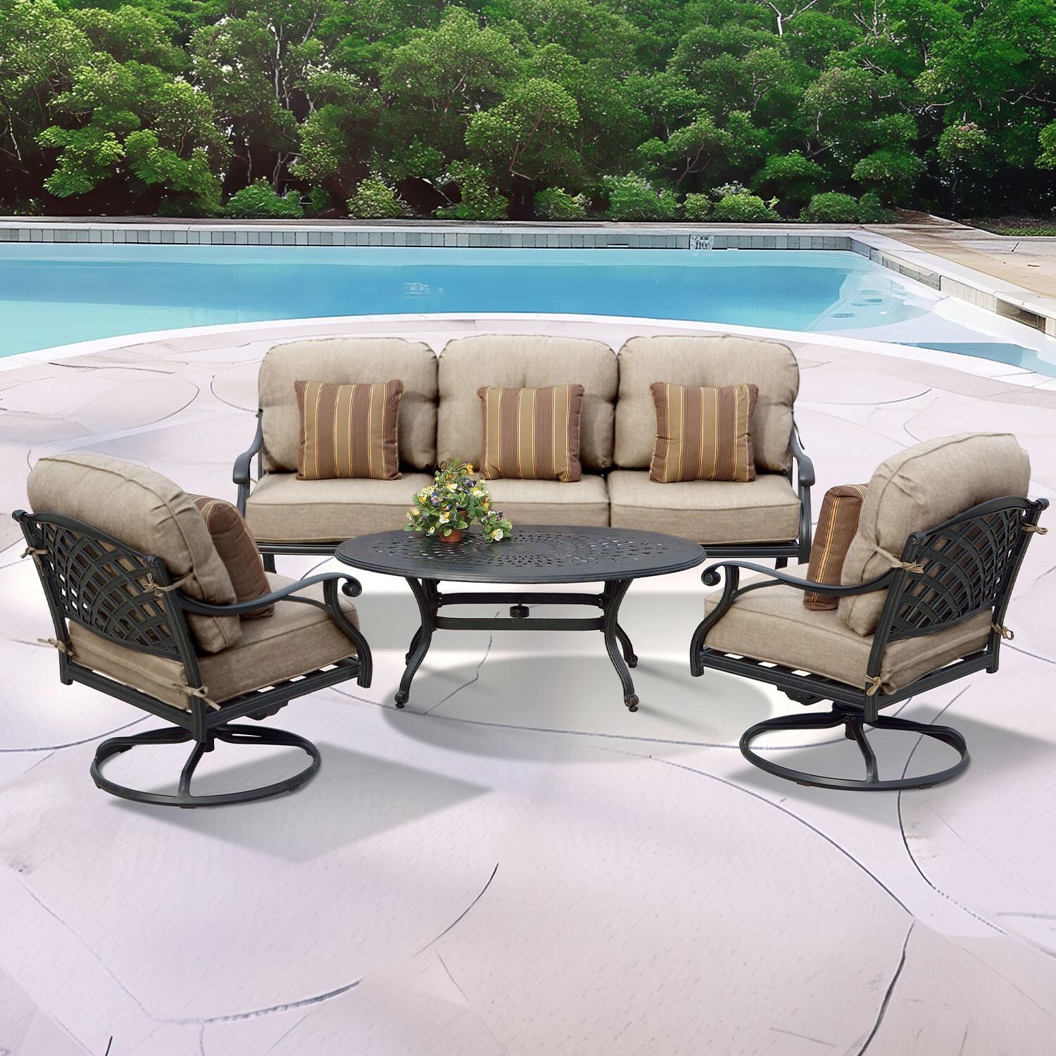 Darlee Nassau 4-Piece Patio Sofa Conversation Set (with 2 Swivel Rocker Club Chairs) with Cushions and 31 X 46 Inch Oval Coffee Table - Set - Lifestyle thumbnail