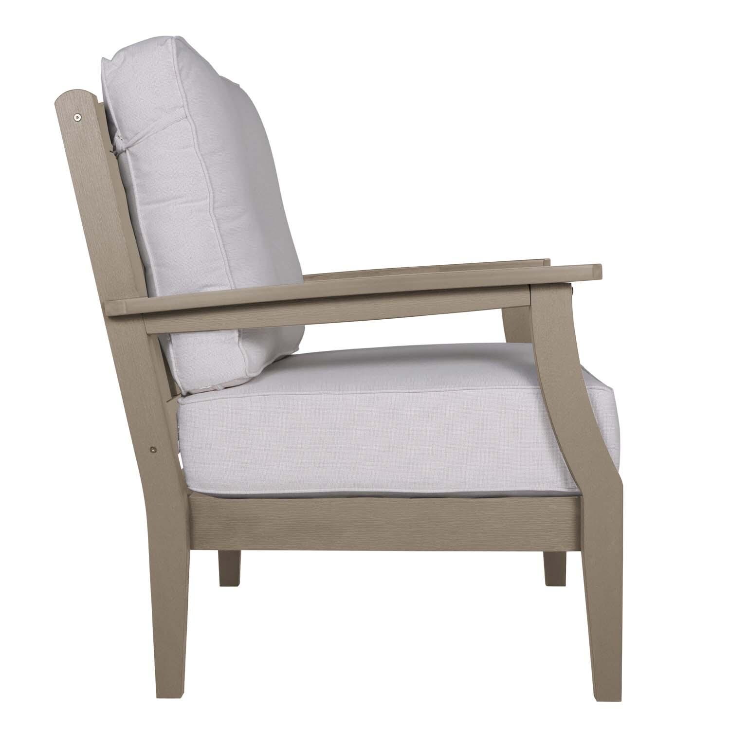 Blushing Bay Recycled Plastic Club Chair in Bliss Linen/Woodland Brown by Lakeview Outdoor Designs - Side View - White Background thumbnail