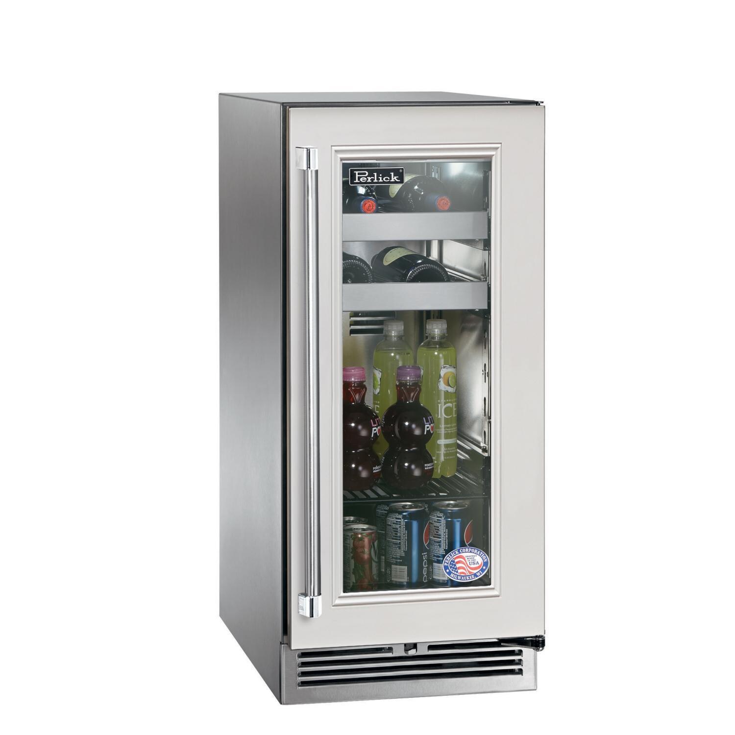 Perlick HP15BM-4-4RL 15-Inch Signature Series Stainless Steel Panel Ready Glass Door Outdoor Beverage Center w/ Door Lock - Custom White Wood Panel thumbnail