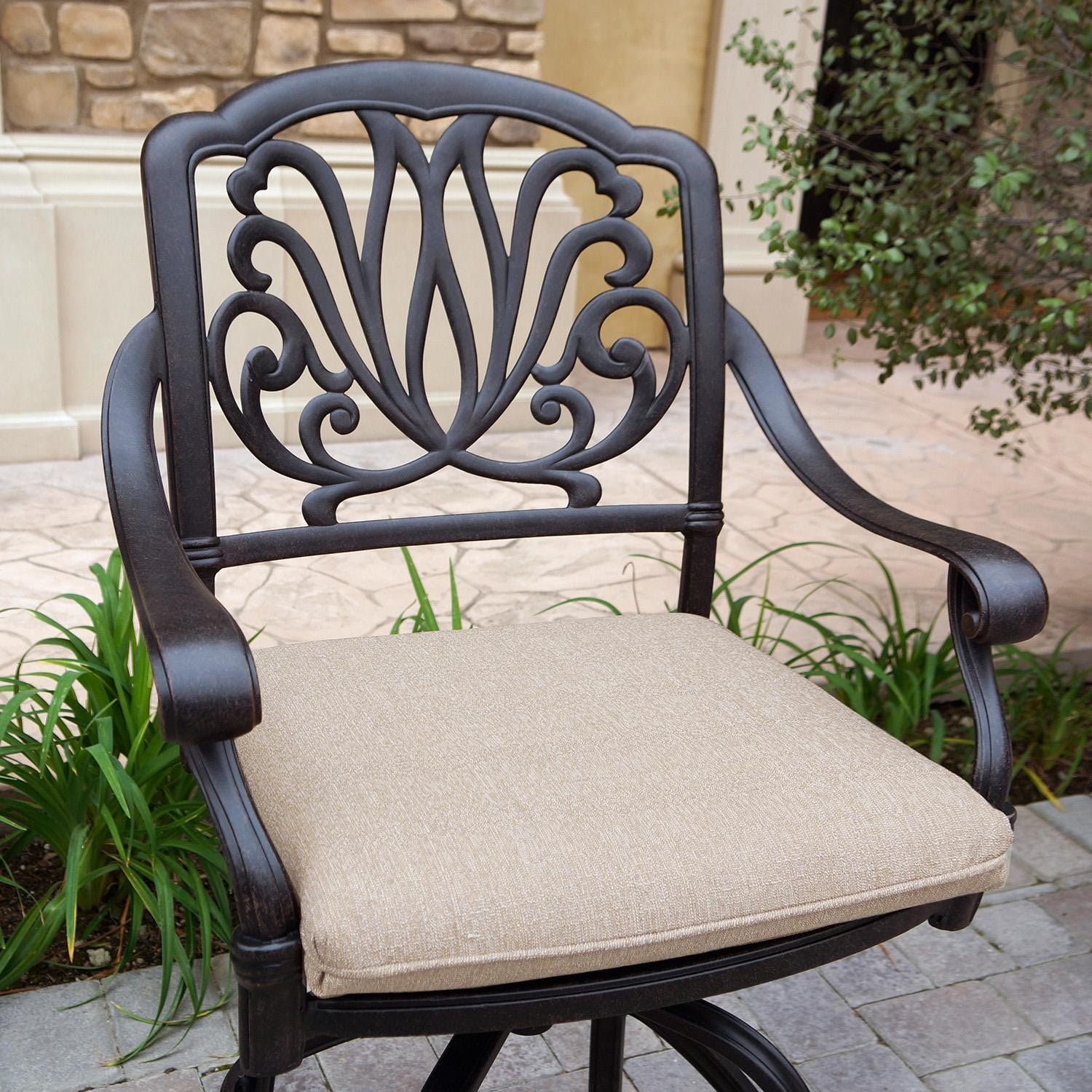 Darlee Elisabeth 3 Pc Cast Aluminum Counter Height Bar Set w/ 30 Inch Round Series 60 Table in Antique Bronze/Beige - Chair Up Close - Lifestyle thumbnail