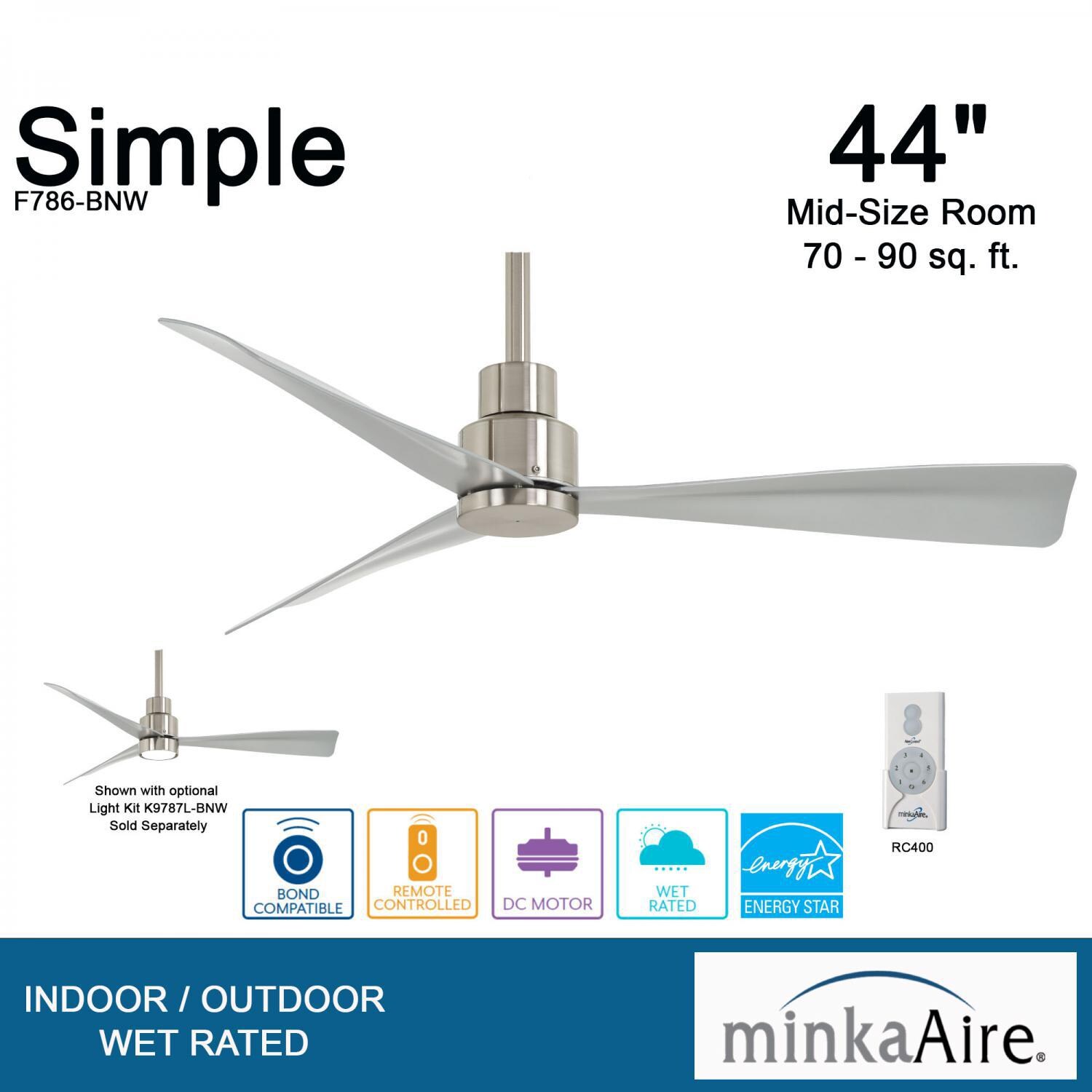 Minka-Aire F786-BNW Simple 44-Inch 3-Blade Ceiling Fan in Brushed Nickel Wet Finish w/ Silver Blades - Overview thumbnail