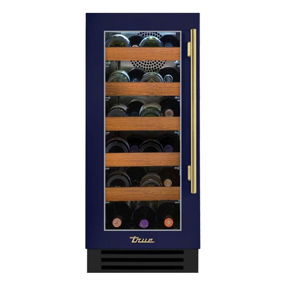 True TWC-15-L-OG-C~DSK-078-H01 15 Inch 23 Bottle Left Hinge Glass Door Outdoor Wine Cabinet - Cobalt w/ Brass Handle - White Background thumbnail