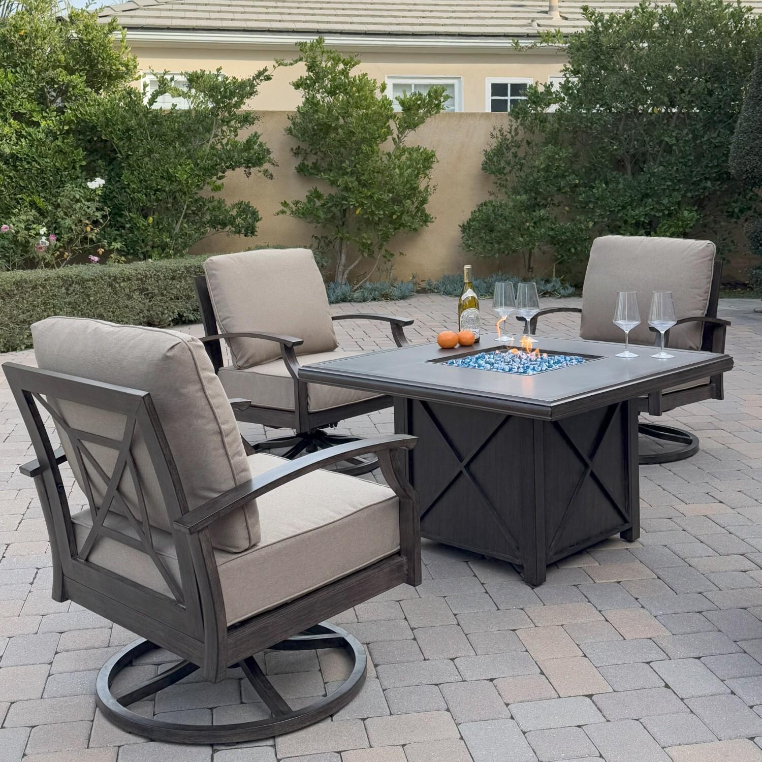 Atlantis 5 Pc Aluminum Fire Pit Seating Set w/ 4 Swivel Rocker Club Chairs in Walnut/Beige by Darlee - Chair Rear - Lifestyle thumbnail