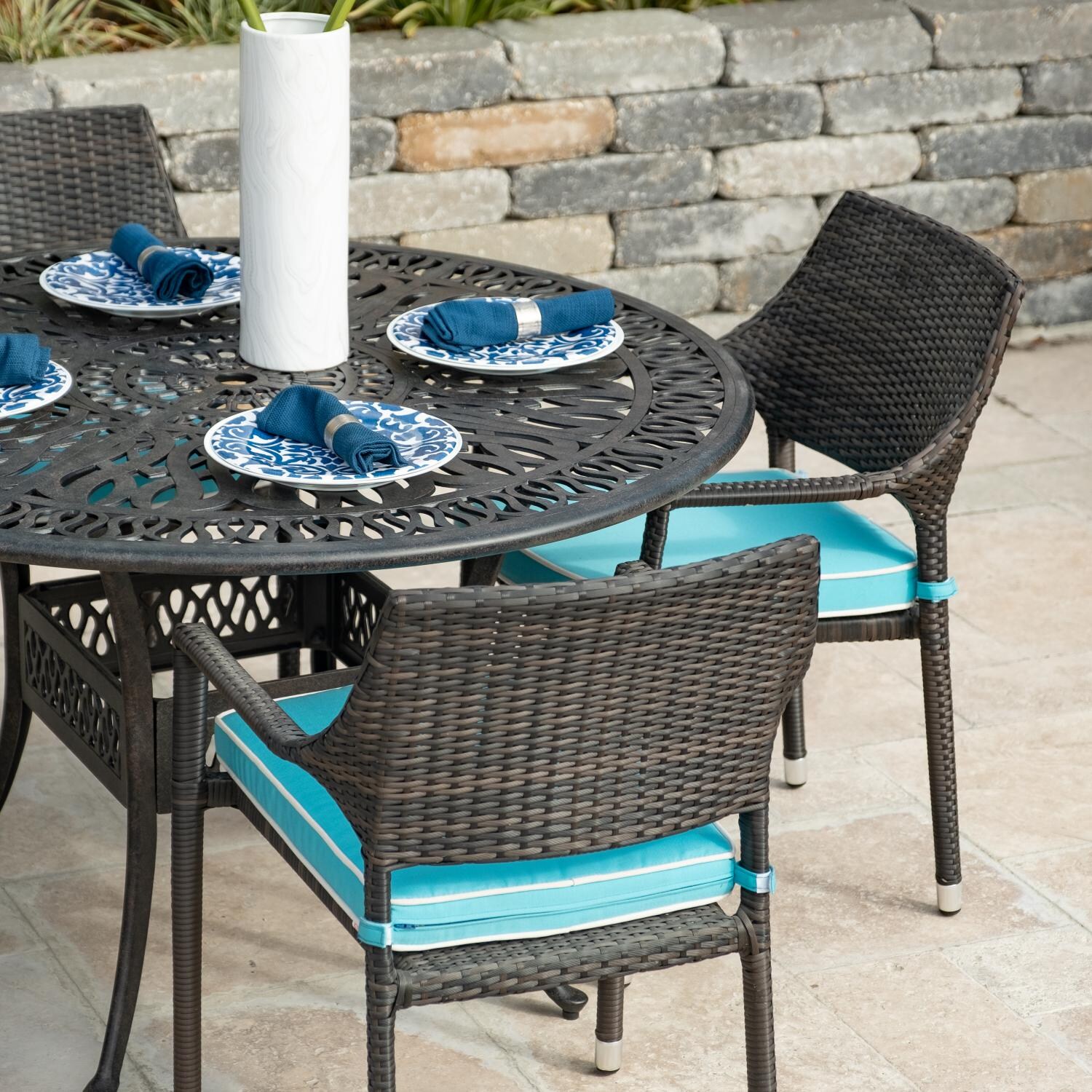 Gentilly 5 Piece Wicker Patio Dining Set W/ 48 Inch Round Dining Table & Sunbrella Canvas Aruba Cushions - Chair Back Detail thumbnail