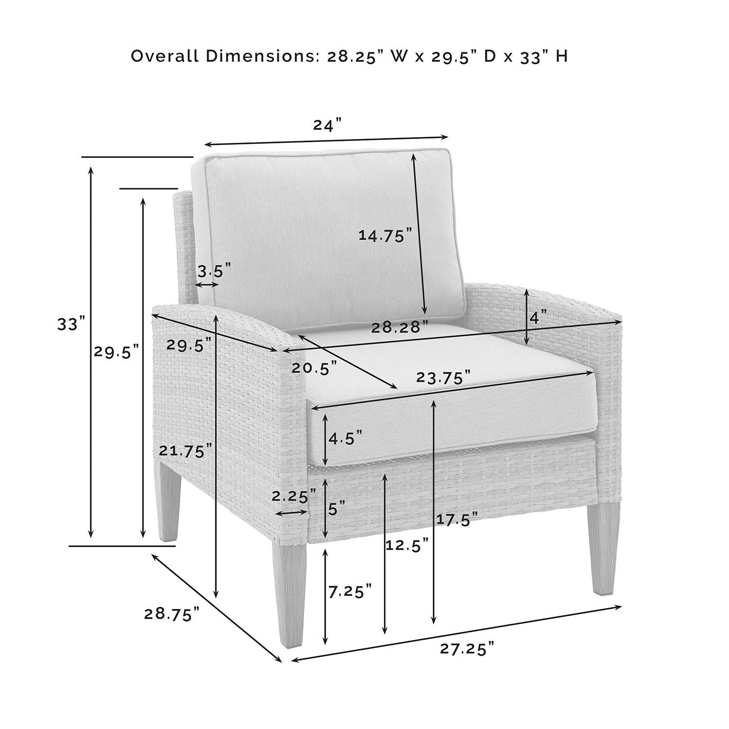 Ultimate Patio UP-92426BR-CR 3Pc Wicker Outdoor Sofa Patio Furniture Set in Creme - Club Chair Dimensions - Diagram thumbnail