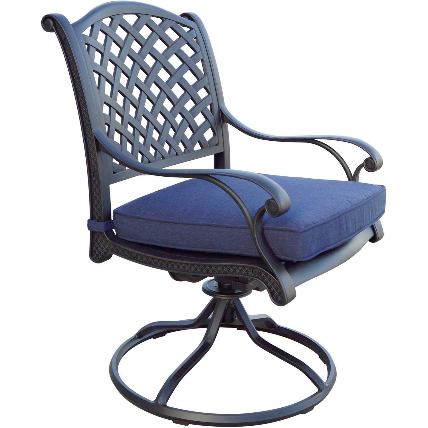 Darlee Nassau 5-Piece Patio Dining Set (with 2 Swivel Rockers) with Navy Blue Cushions and 36 Inch Square Dining Table - Swivel Chair W/ Cushion - White Background thumbnail