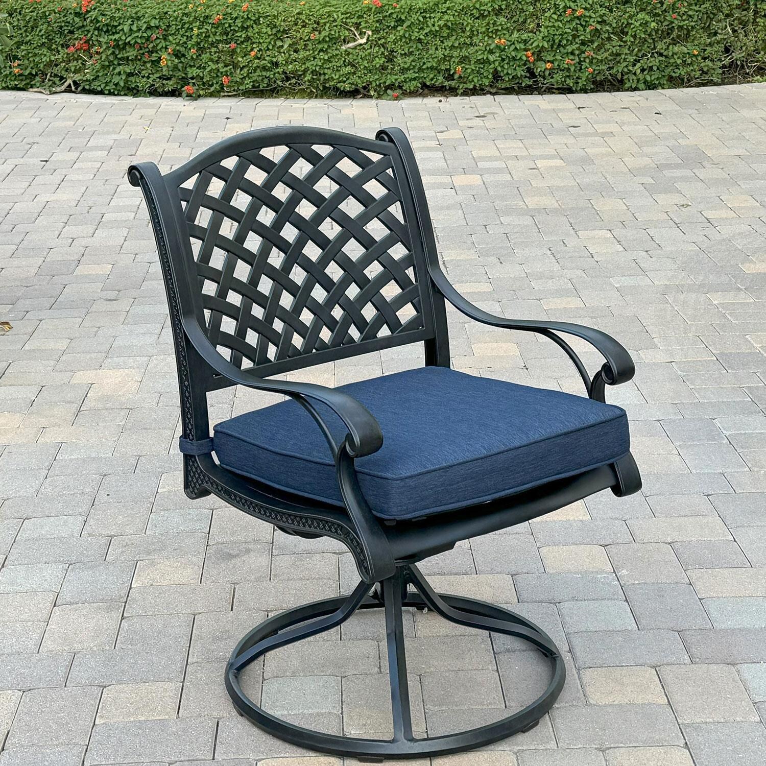 Nassau Cast Aluminum 4 Pc Set Swivel Rocker Dining Chair Set in Antique Bronze/Navy by Darlee - Patio - Lifestyle thumbnail