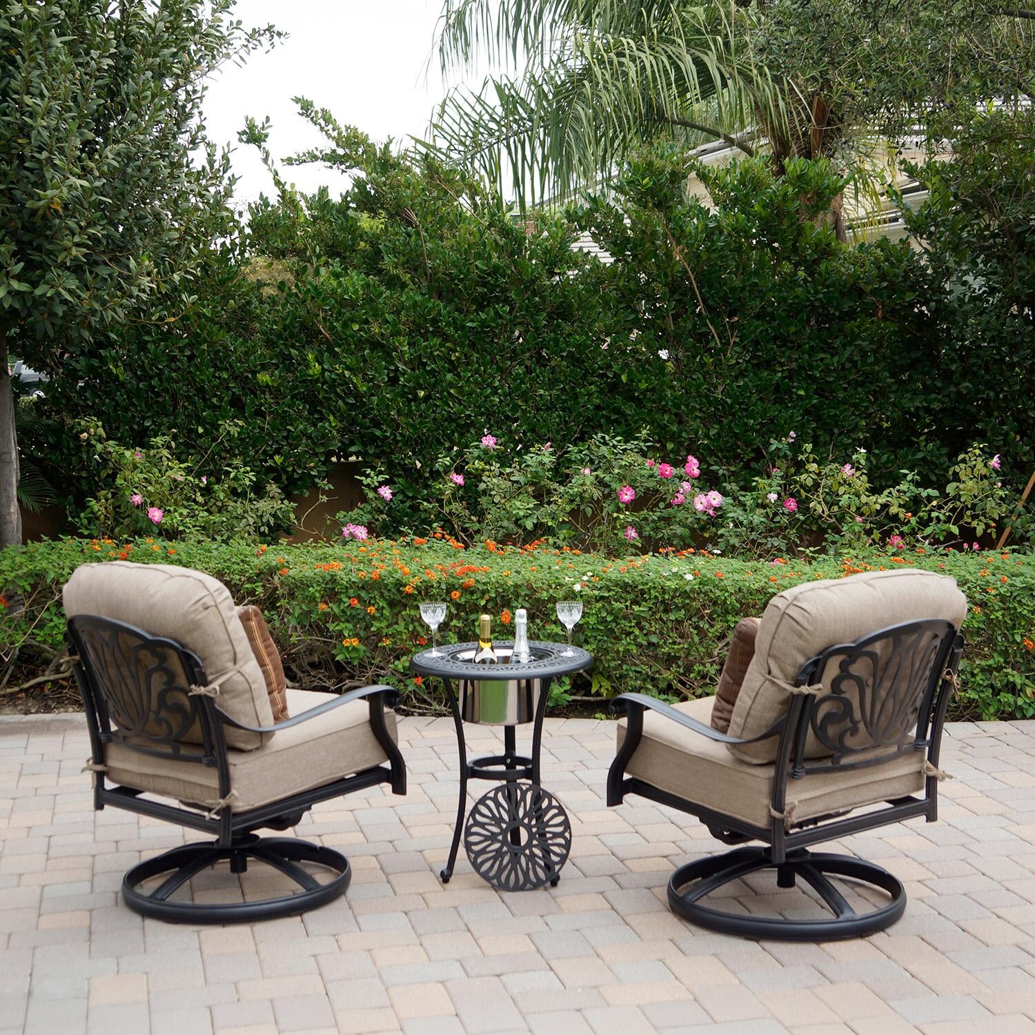 Darlee Elisabeth 3-Pc Seating Set w/ 21-Inch Round Ice Bucket End Table & Throw Pillows in Antique Bronze/Beige - Full Set - Back - Lifestyle thumbnail