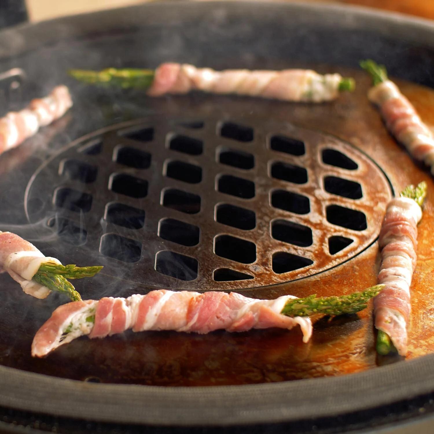 BBQGuys Signature BBQ-KCGG-18-SS Stainless Steel Grill / Griddle Combo For 18-Inch Kamado Grills - Bacon Wrapped Asparagus On The Griddle