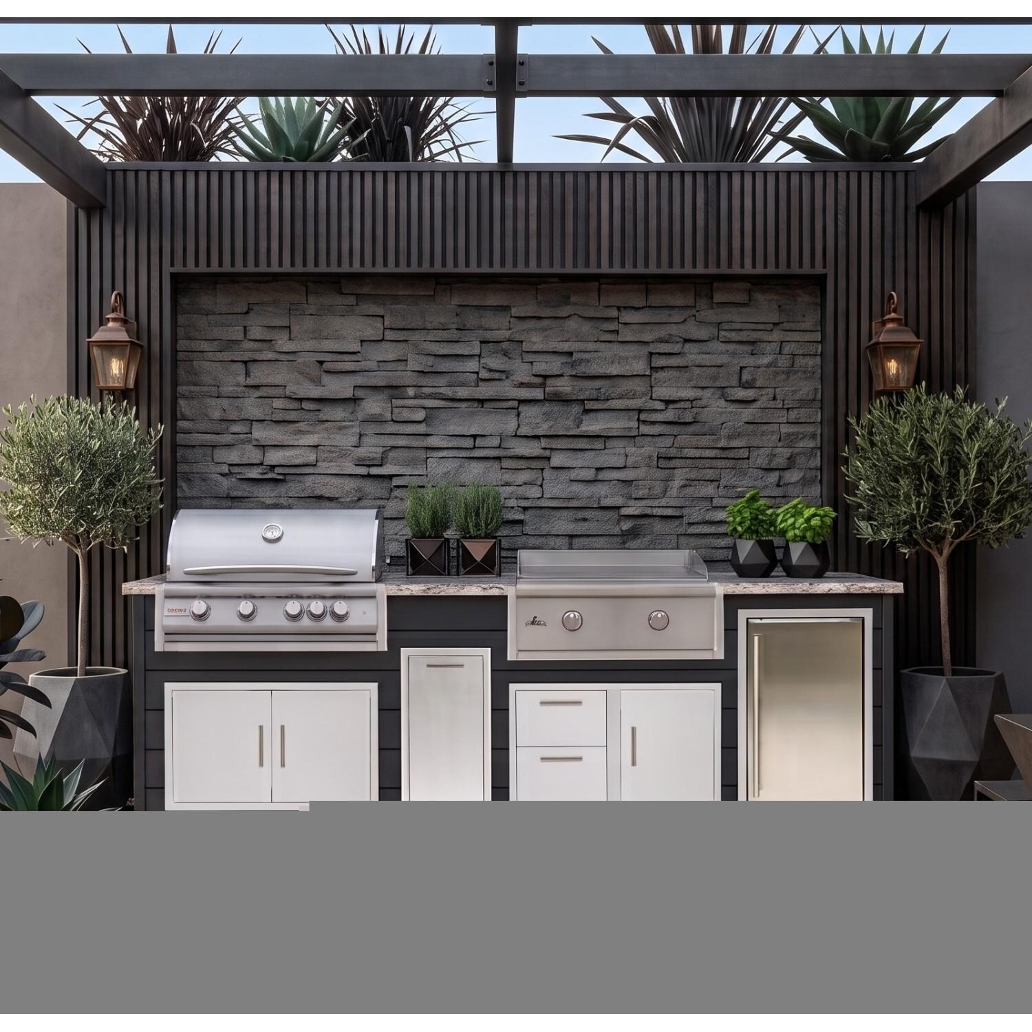 BBQGuys Signature 10 Ft Grill Island w/ 32-in Propane Blaze LTE+ Grill & Griddle, Narrow Trash Bin & Door & Drawer | Asphalt Gray w/ White Granite - Front - Lifestyle thumbnail