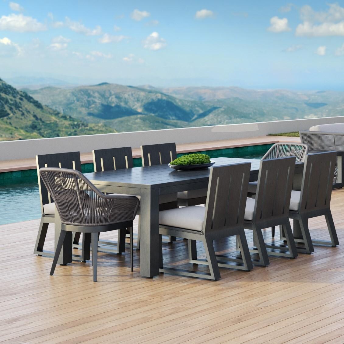 Redondo 90-120 Inch Slate Aluminum Extension Dining Table by Sunset West - Mountains (Shown w/set, not included) - Lifestyle thumbnail