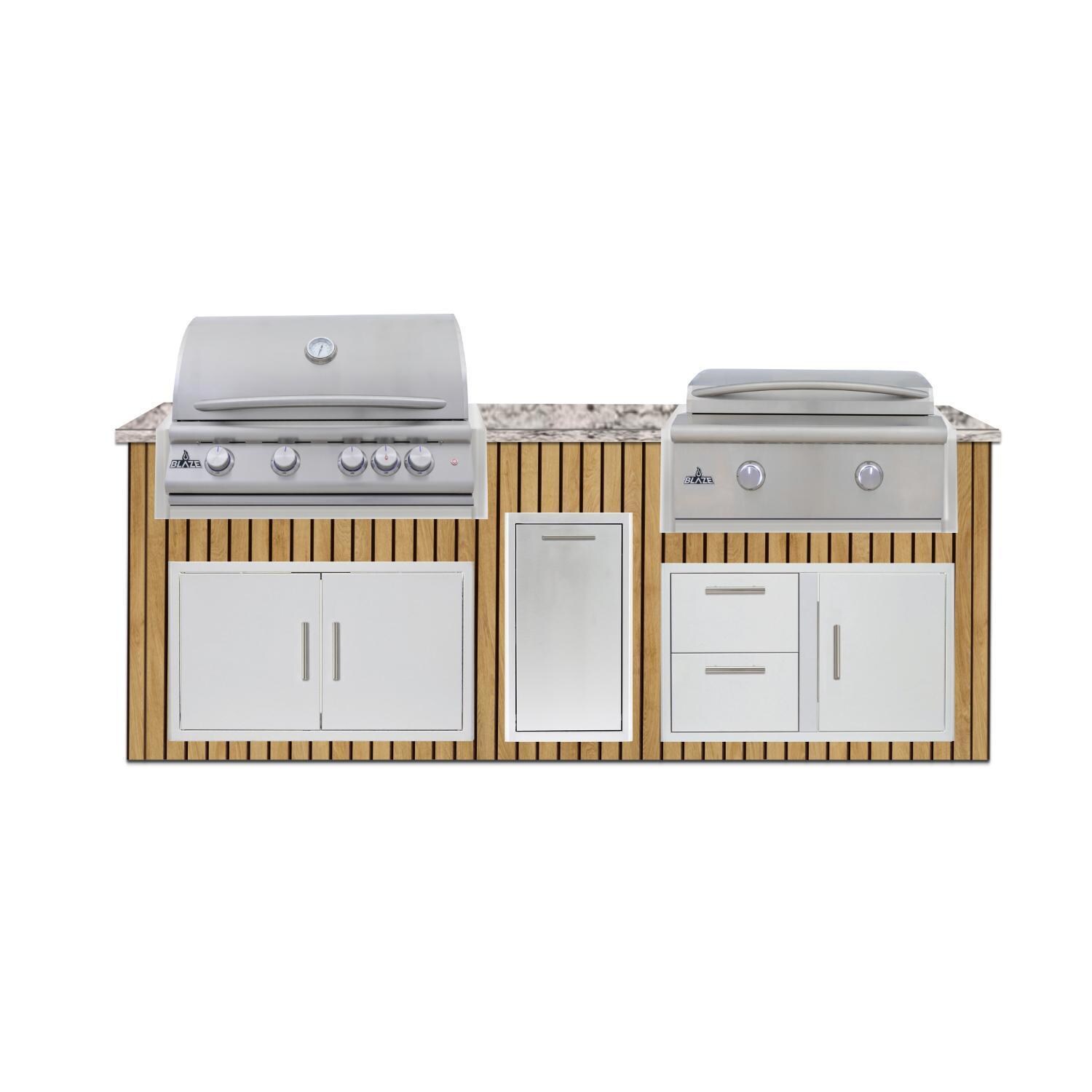 BBQGuys Signature  8 Ft Outdoor Kitchen Island w/ 32-in Blaze LTE+ Natural Gas Grill & Griddle & Narrow Trash Bin | Sun Bleached Oak w/ White Valley Granite - Island - White Background thumbnail