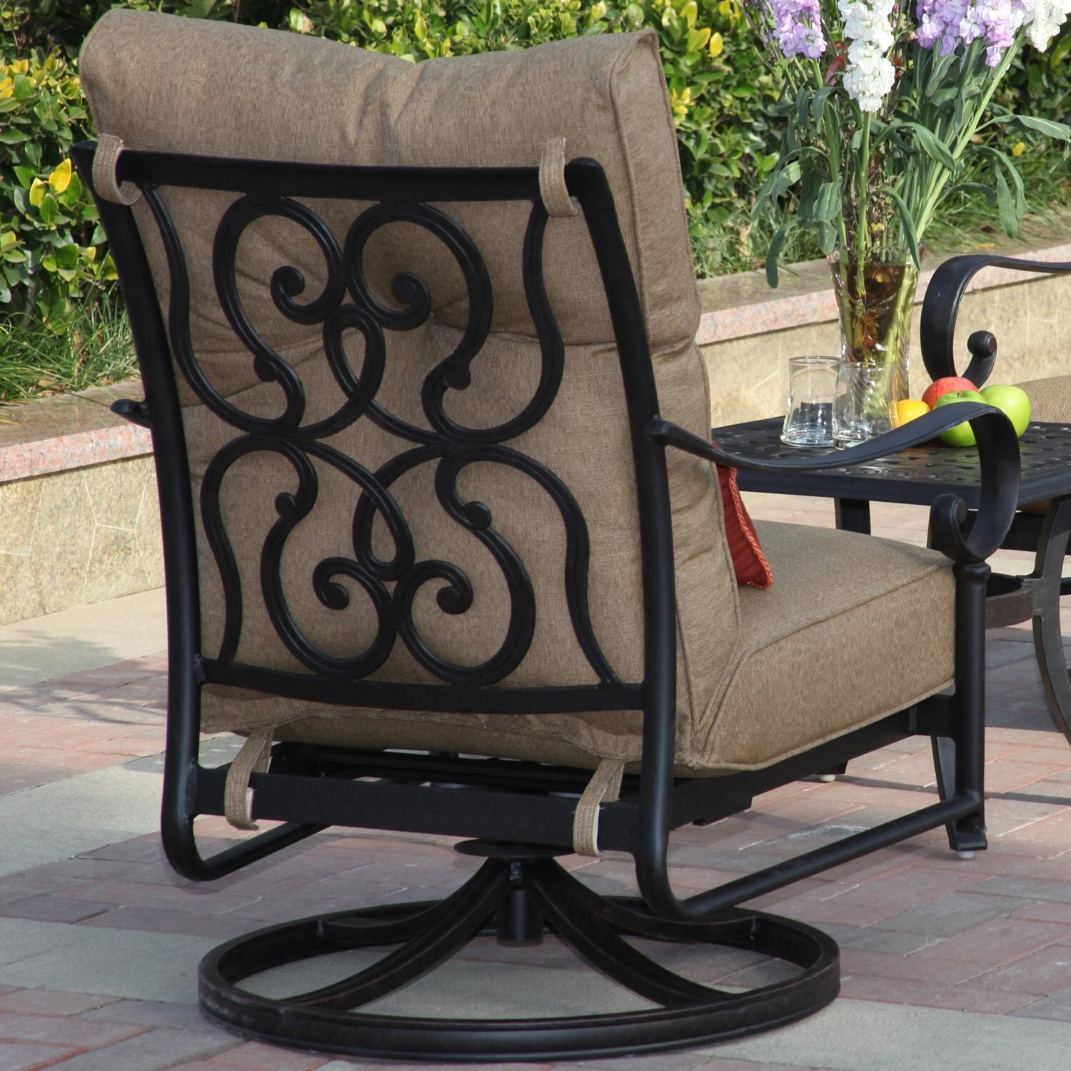 Santa Anita 5 Pc Cast Aluminum Patio Conversation Set w/ Round Ottoman & Heather Beige Sunbrella Cushions By Darlee - Swivel Club Chair - Rear View - Lifestyle thumbnail