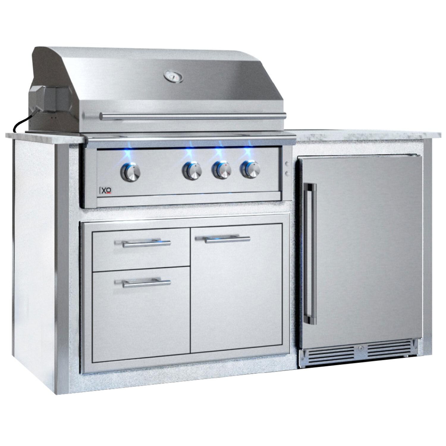 XO Designer 6 1/2 Ft Outdoor Kitchen Island w/ 36-in Natural Gas Pro-Grade Grill, Door & Drawer, & Outdoor Refrigerator in White - White Background thumbnail