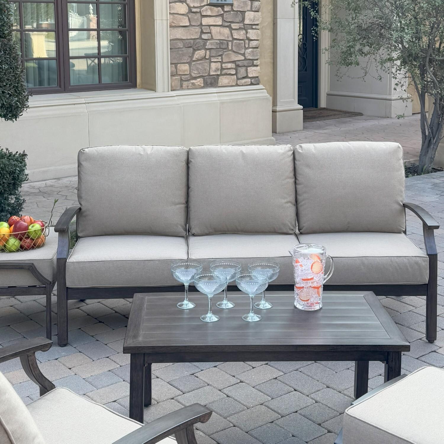 Atlantis 4 Pc Aluminum Seating Set w/ Sofa, 2 Club Chairs & 2 Ottomans in Walnut/Beige by Darlee - Sofa & Table - Lifestyle thumbnail