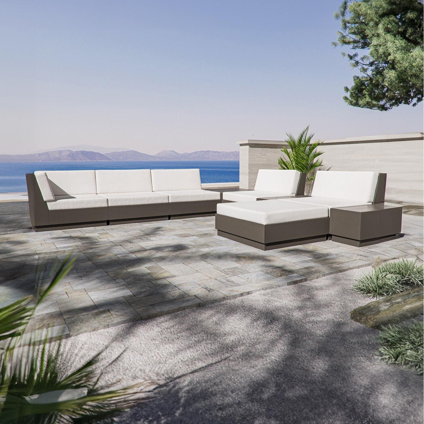 PW Designer Series PWS854-2-VWH145982 Elevate 9 Pc Recycled Plastic Sectional Seating Set in Vintage White/Weathered Tweed - On the Patio (Shown in Vintage Coffee/Dune Burlap) - Lifestyle thumbnail