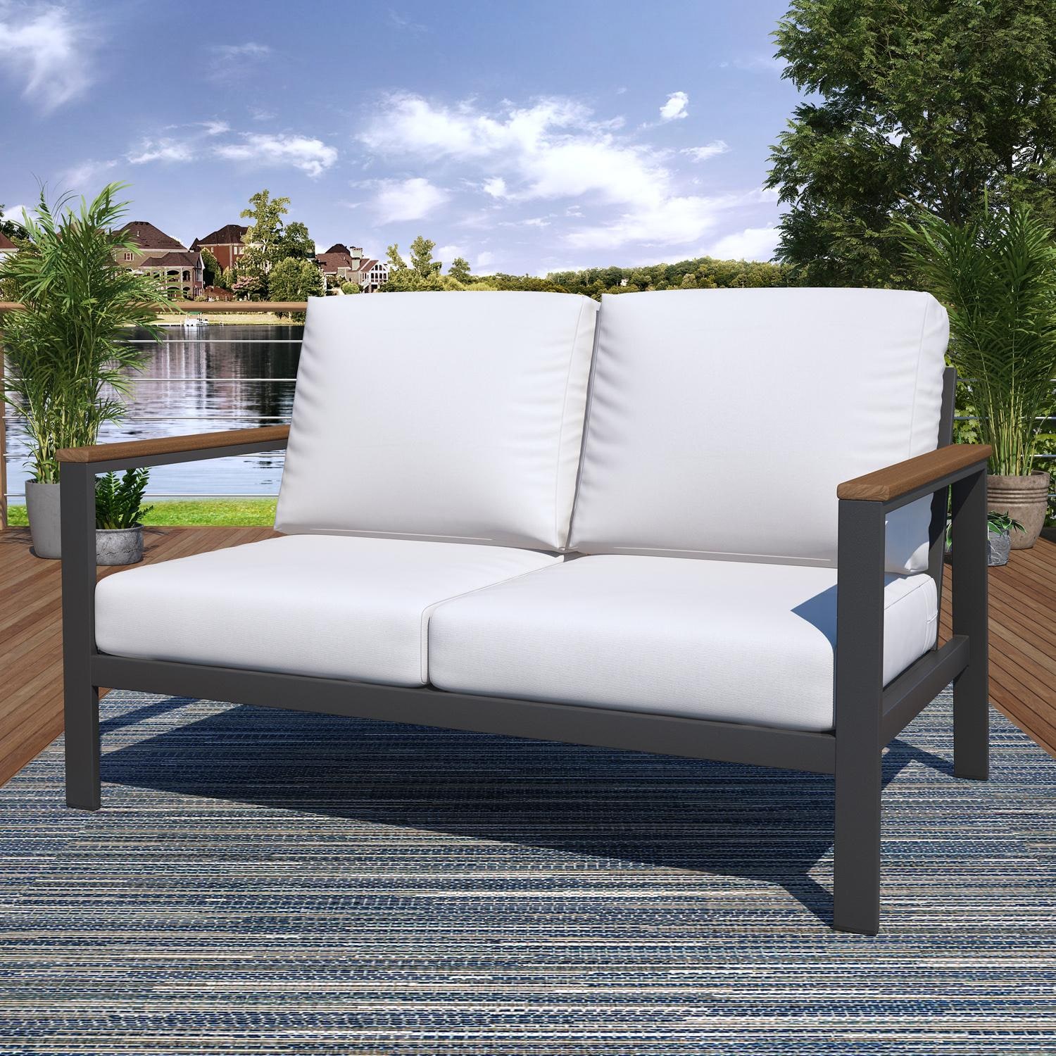 Lakeview NC6500-6PC-TANGARM-CN-BRN Oasis Bay 6 Pc Aluminum Seating Set in Brown/Canvas Natural - Loveseat - Lifestyle thumbnail