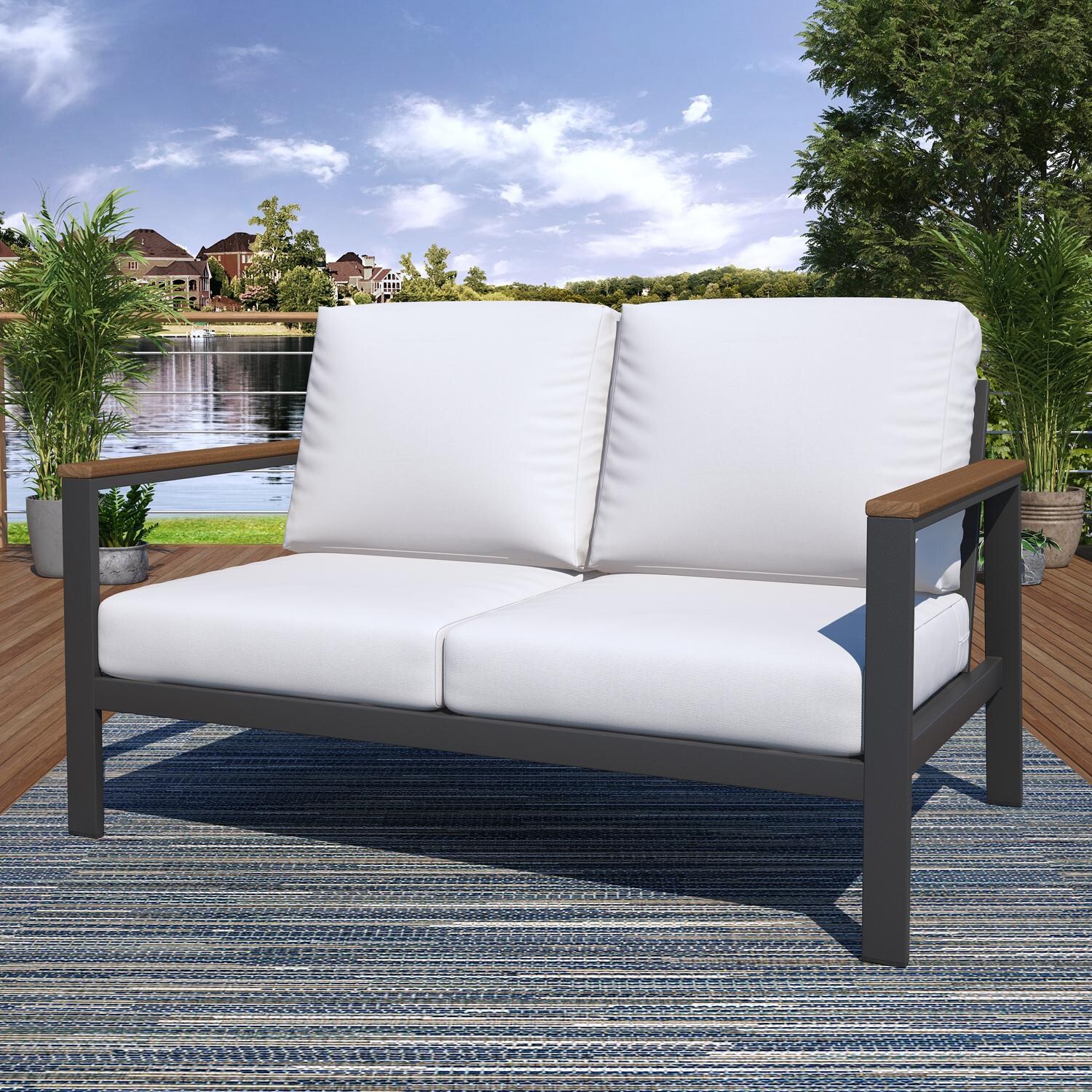 Lakeview NC6500-6PC-TANGARM-CN-BRN Oasis Bay 6 Pc Aluminum Seating Set in Brown/Canvas Natural - Loveseat - Lifestyle thumbnail