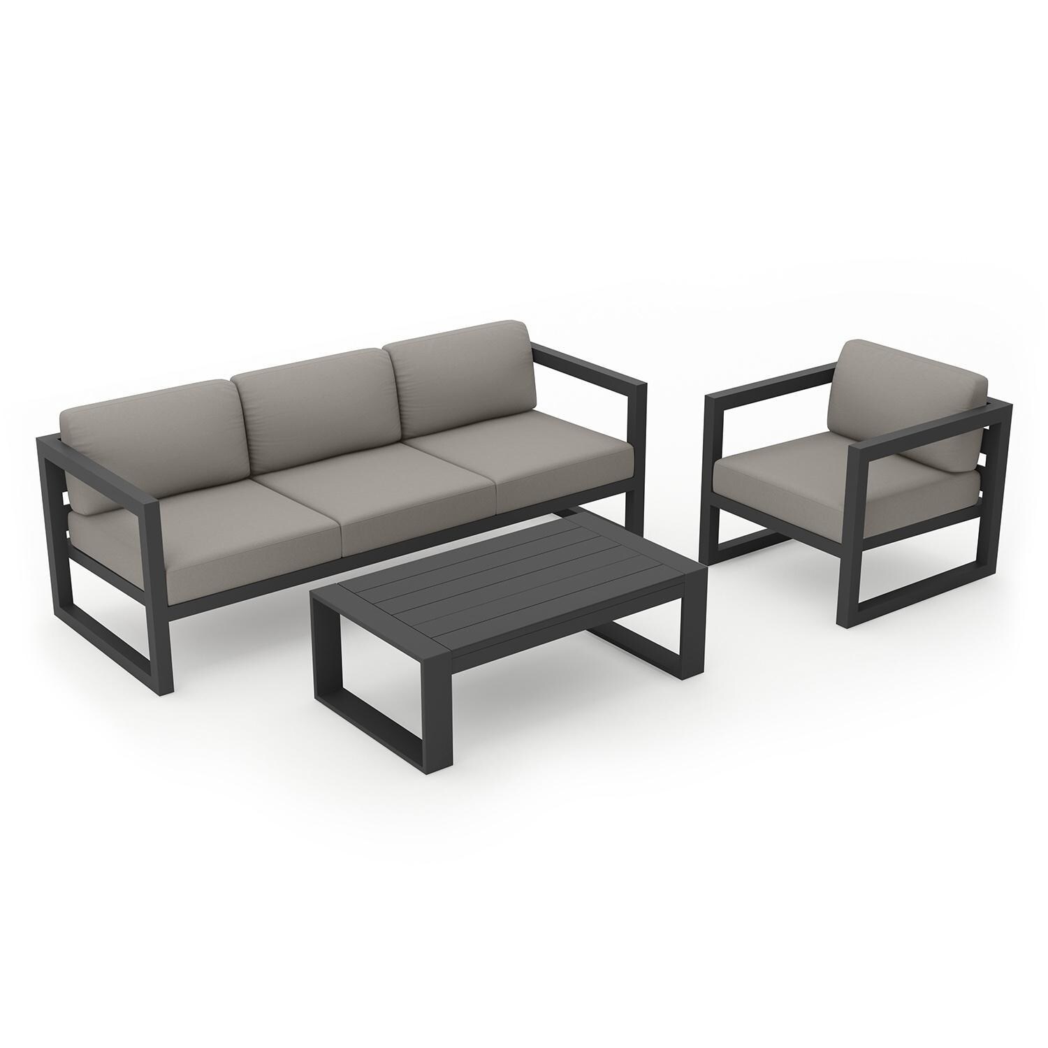 Misty Cove 3 Piece Seating Set In Slate w/Portal Coffee Table & Canvas Charcoal Cushions by Lakeview - Top Angle View - White Background thumbnail