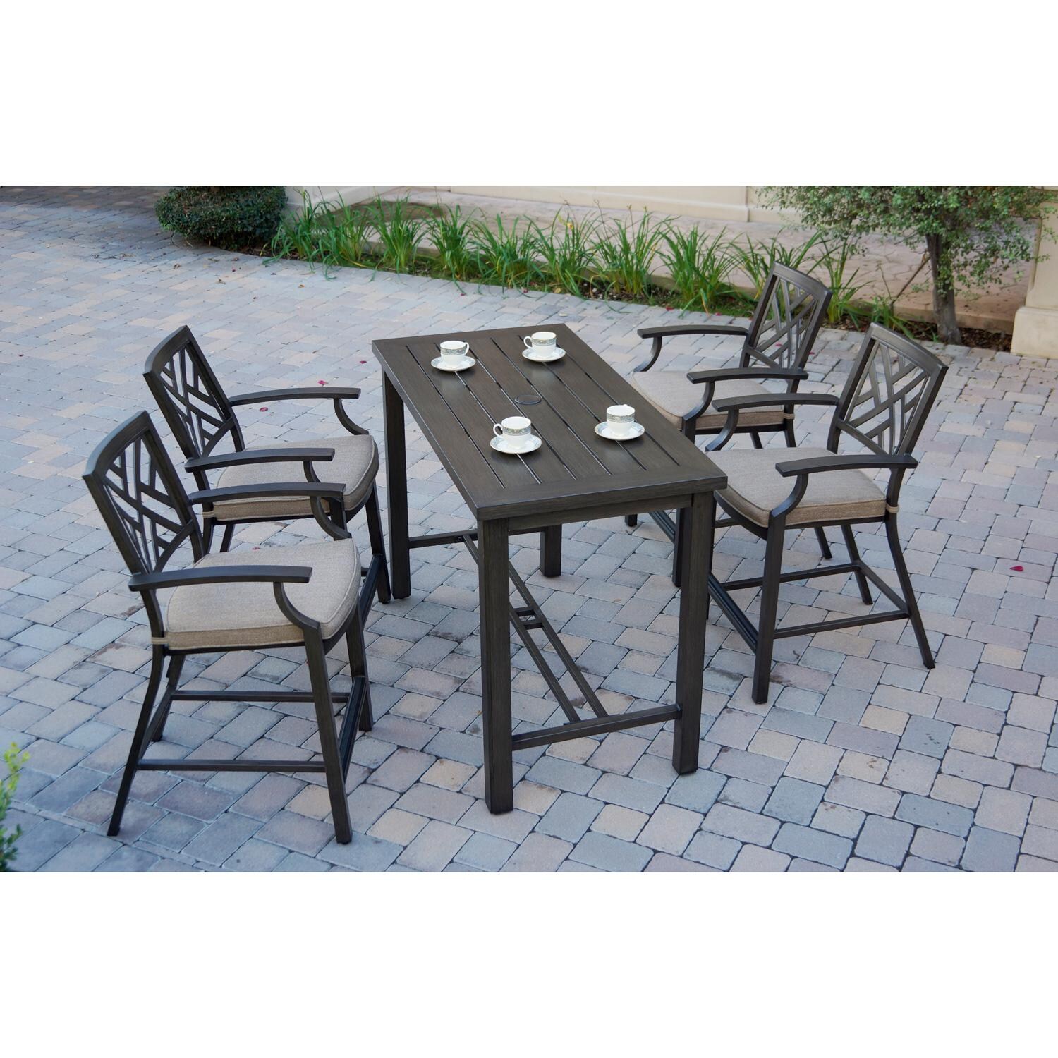 Darlee Brooklyn 5 Piece Patio Counter Height Bar Set W/ 58 X 28-Inch Rectangular Serving Table & Sesame Cushions - Wide Angle thumbnail