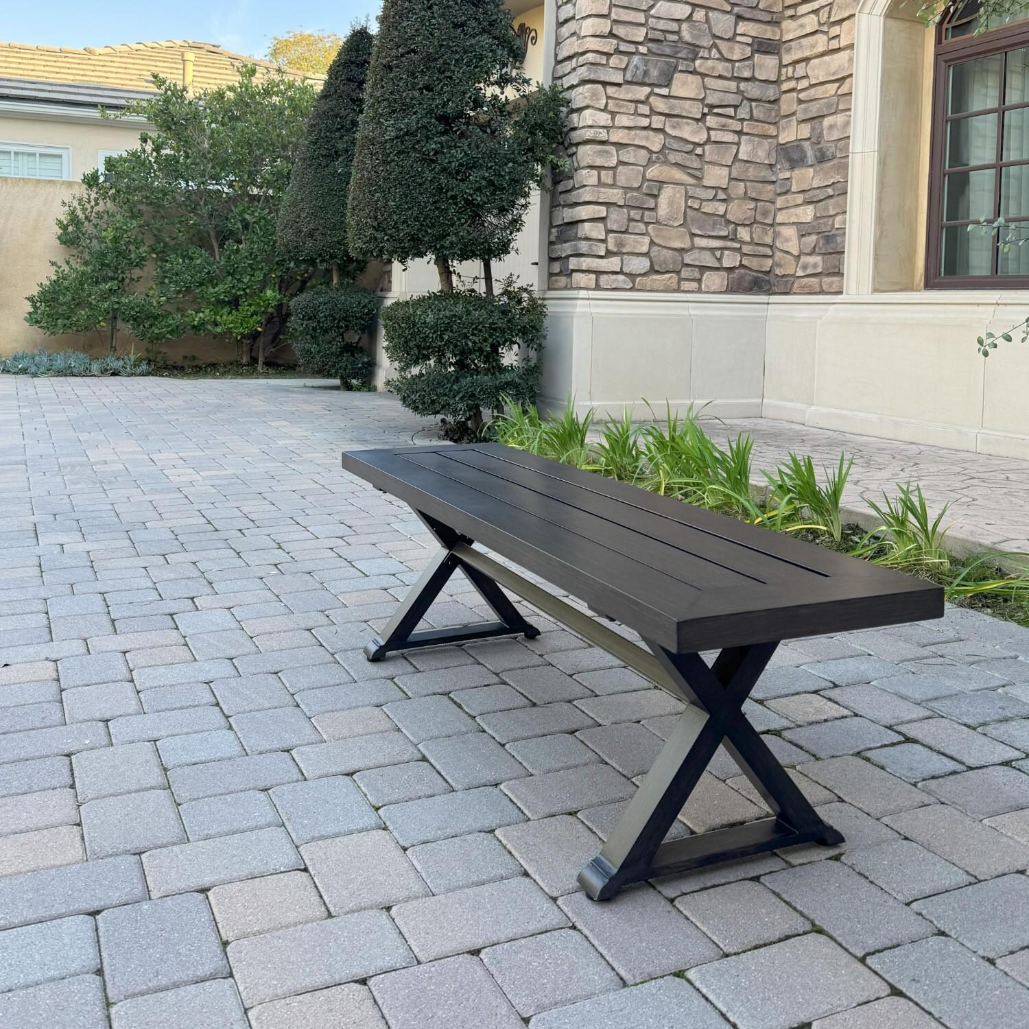 Brooklyn 5 Pc Aluminum Dining Set w/ 60 Inch Square Propane Fire Pit Table in Sesame/Multi-brown by Darlee - Bench Side - Lifestyle thumbnail