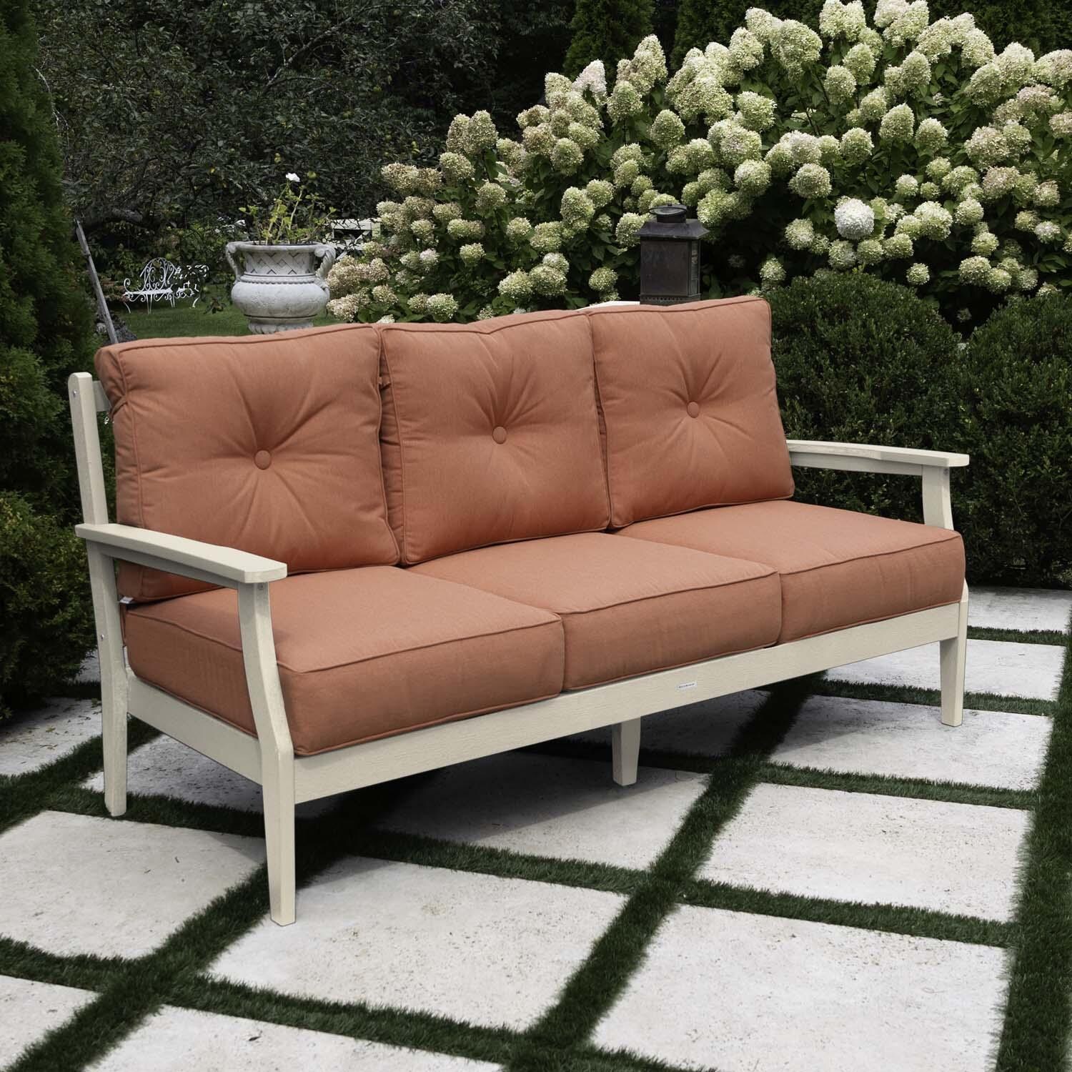 Blushing Bay 3 Person Recycled Plastic Sofa in Canvas Persimmon/Whitewash by Lakeview Outdoor Designs - Left Angled - Lifestyle thumbnail