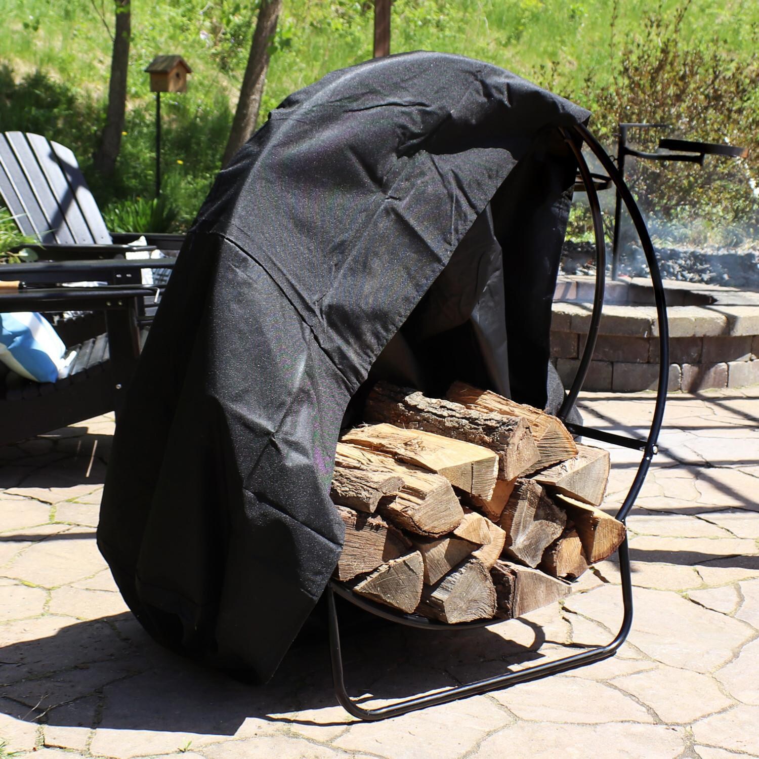 Ultimate Patio SC-QX-40LH-COVER-COMBO Black Steel Firewood Log Hoop Rack with Black Cover - 40-Inch - Lifestyle - Cover Open thumbnail