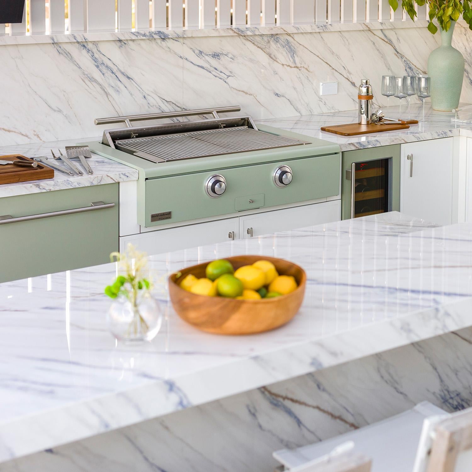Caliber CRG-42BL00-A-103-H01 42-in Propane Built-In Rockwell Grill - Saffron w/ Brass Hardware - Shown in Sage - Lifestyle thumbnail