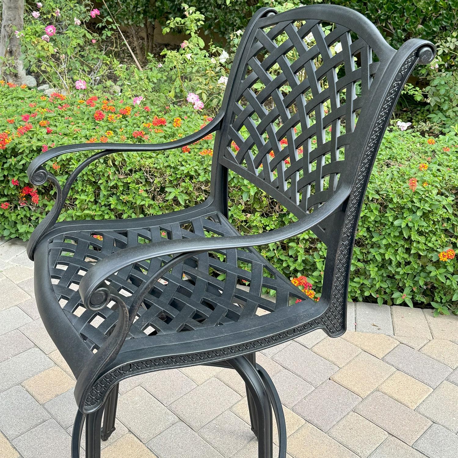 Nassau Cast Aluminum Swivel Bar Stool in Antique Bronze/Sky Blue by Darlee - Side View - Shown W/ No Cushion - Lifestyle thumbnail