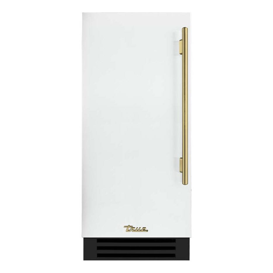 True TUR-15-L-OP-C~DSK-030-H01 15 Inch 3.14 Cu. Ft. Left Hinge Outdoor Refigerator - Matte White w/ Brass Handles - White Background thumbnail