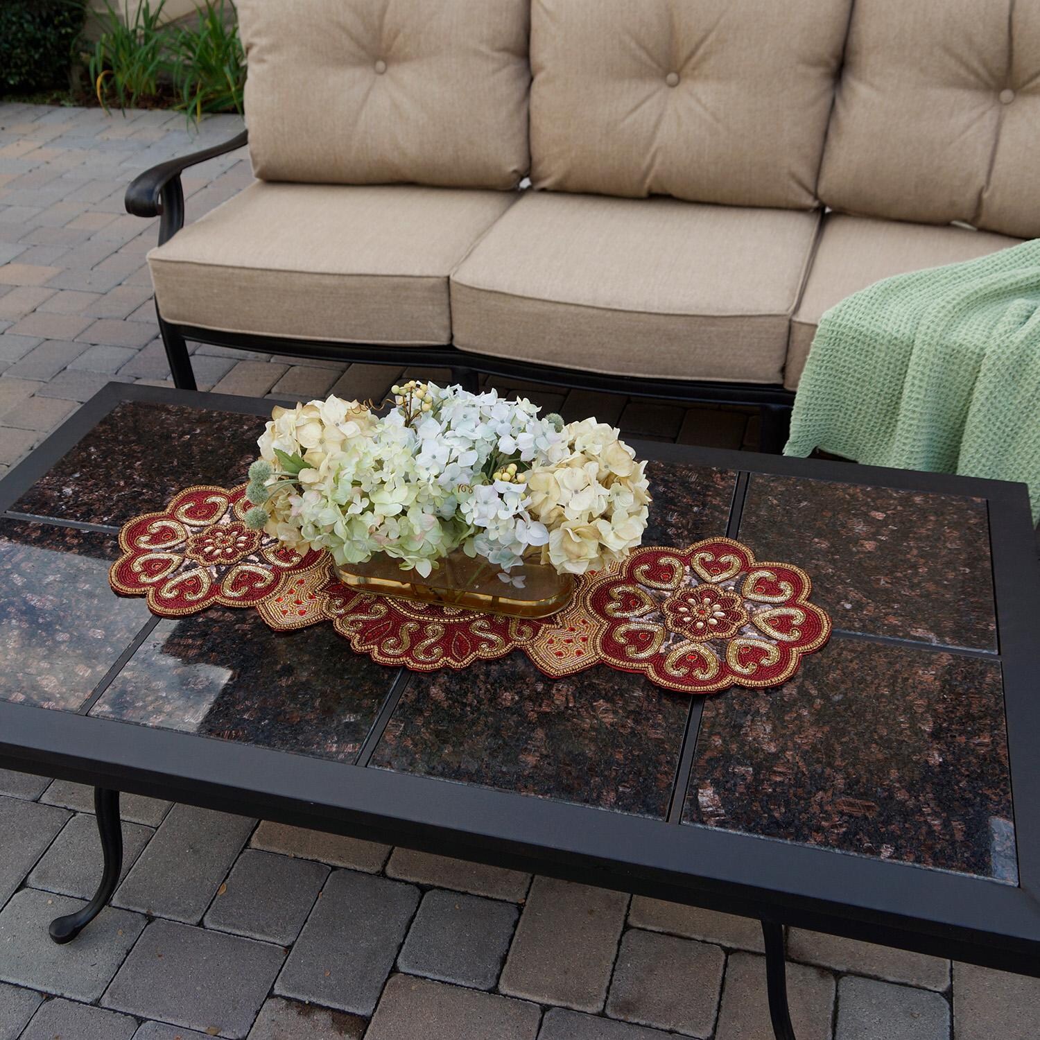 Darlee Elisabeth 4 Pc Cast Aluminum Patio Conversation Set w/ Mocha Granite Top Coffee Table & Beige Canvas Cushions - Up Close - Lifestyle thumbnail