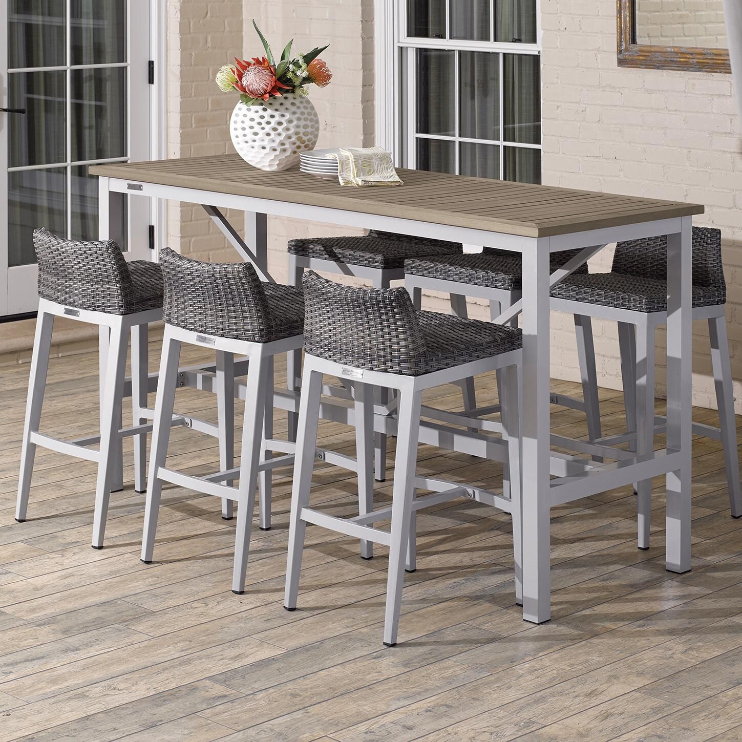 Argento 7 Pc Wicker Patio Bar Set w/ 72 X 30 Rectangular Tekwood Vintage Table By Oxford Garden