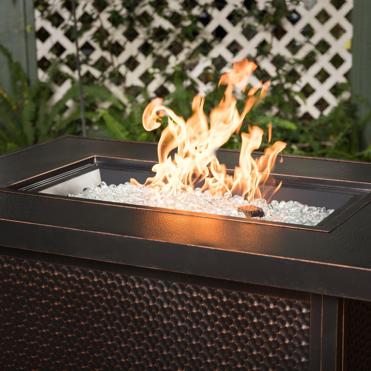 La Flore 5 Pc Resin Wicker Fire Pit Seating Set in Mocha by Ultimate Patio - Fire Pit - Flames - Lifestyle thumbnail
