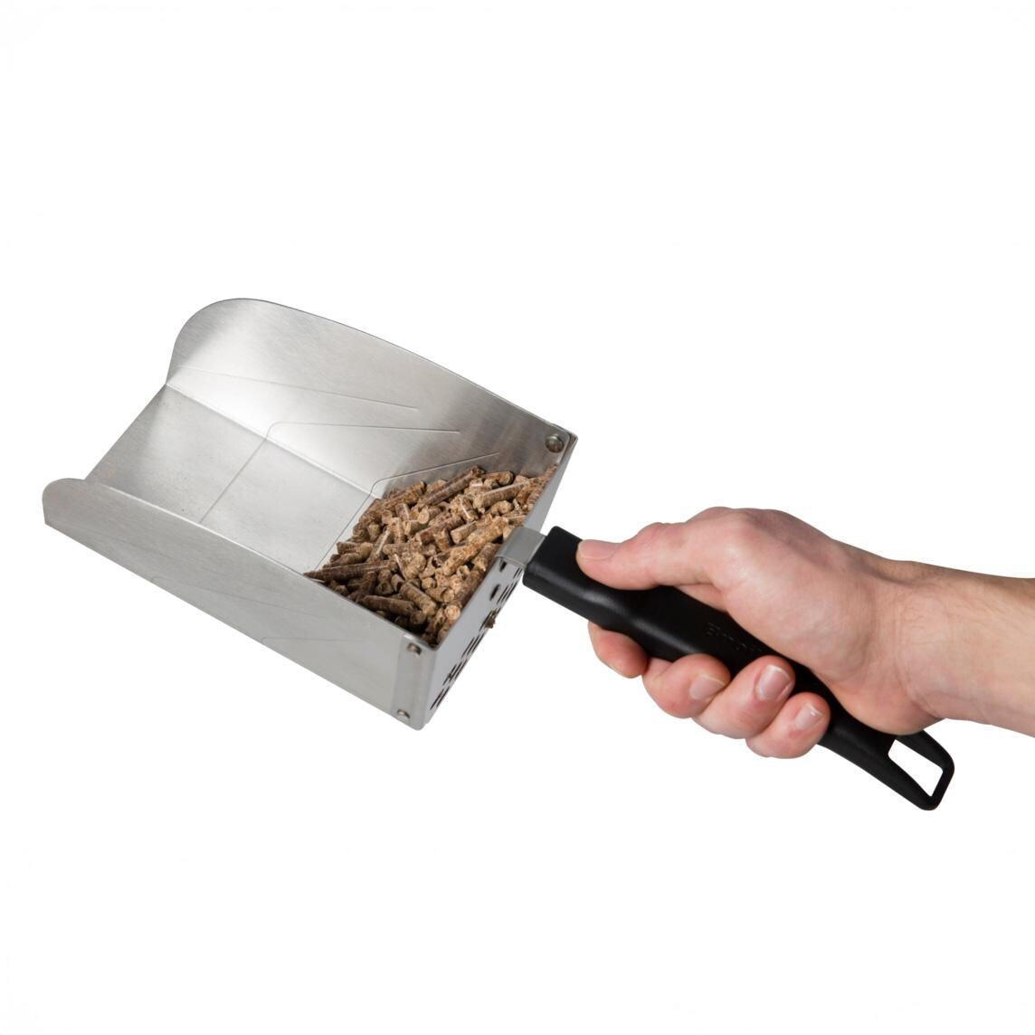Broil King Stainless Steel Pellet/ Charcoal Scoop - 63946 - Pellets in Scoop - White Background thumbnail