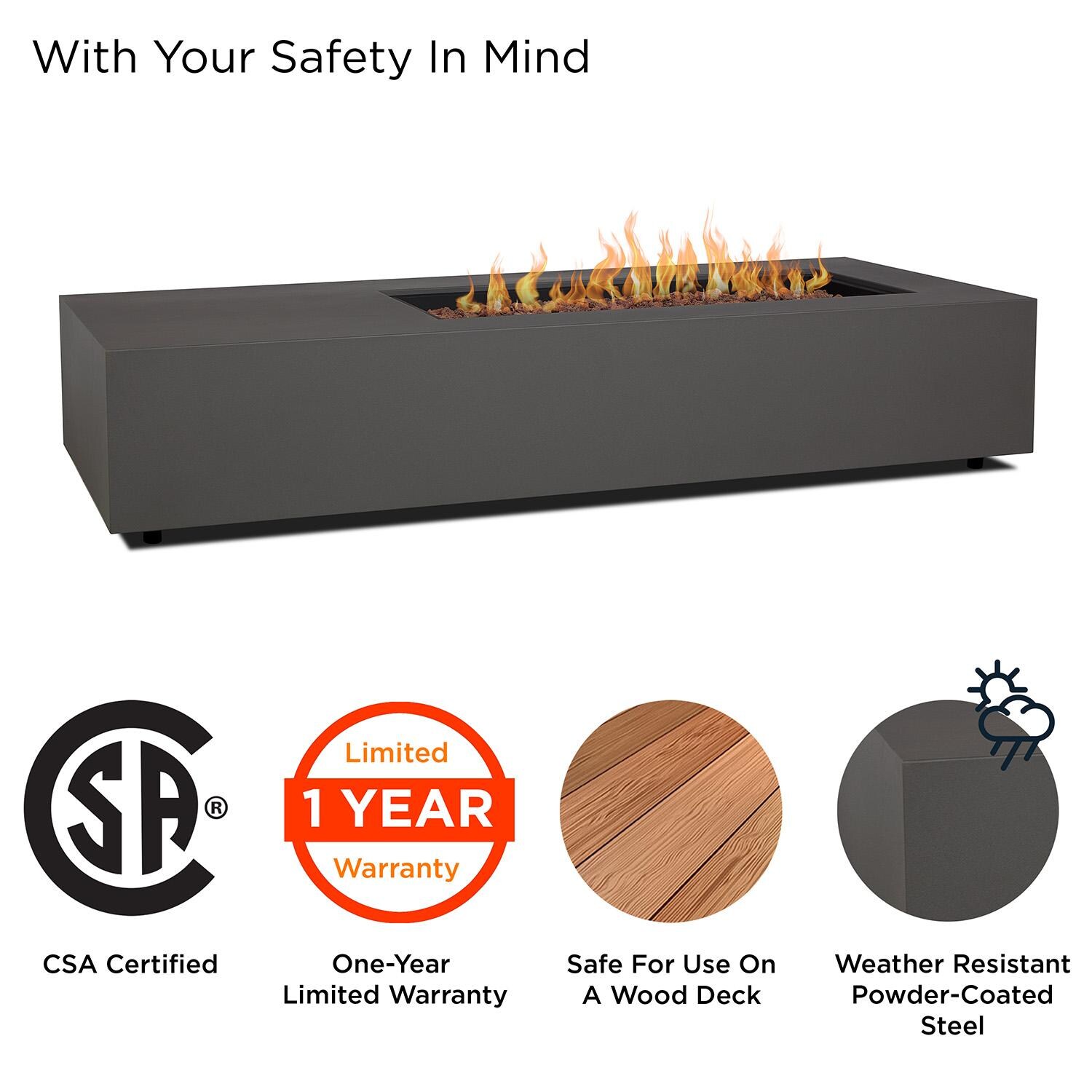 Elysian 75-in Rectangular Steel Propane Fire Pit Table in Weathered Slate by Lakeview - Safety - Detail thumbnail