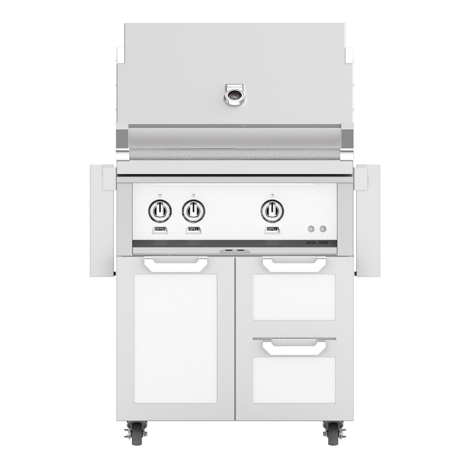 Hestan 30-Inch Freestanding Propane Gas Grill W/ Rotisserie On Double Drawer & Door Tower Cart - Froth - GABR30-LP-WH thumbnail