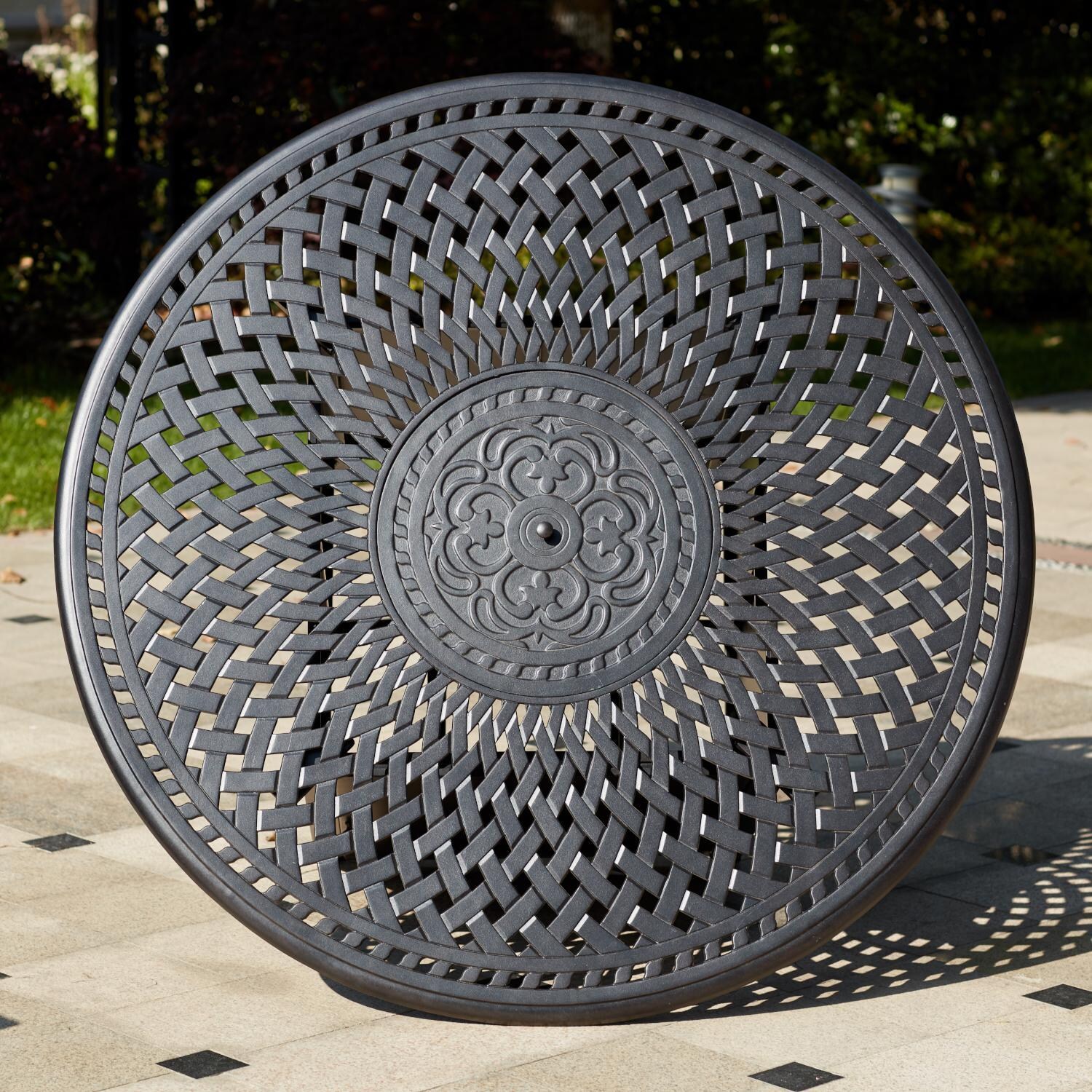 Darlee 201030-7PC-60GHD Sedona 7 Piece Cast Aluminum Patio Counter Height Fire Pit Bar Set W/ 60 Inch Round Table & Beige Canvas Cushions - Fire Pit Table Top thumbnail