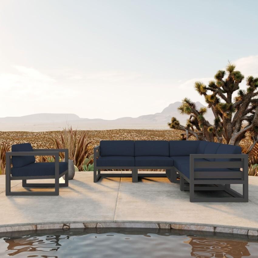 Misty Cove 6 Pc Aluminum Seating Set w/ Sectional in Slate/Spectrum Indigo by Lakeview Outdoor Designs