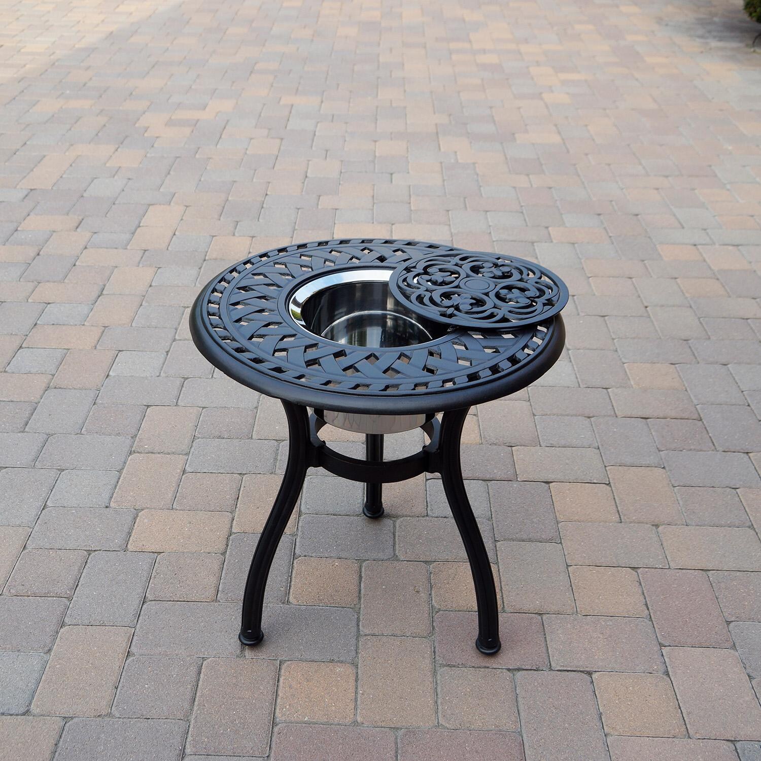 Darlee Series 60 Patio End Table With Ice Bucket Insert in Antique Bronze - Lid Off - Lifestyle thumbnail