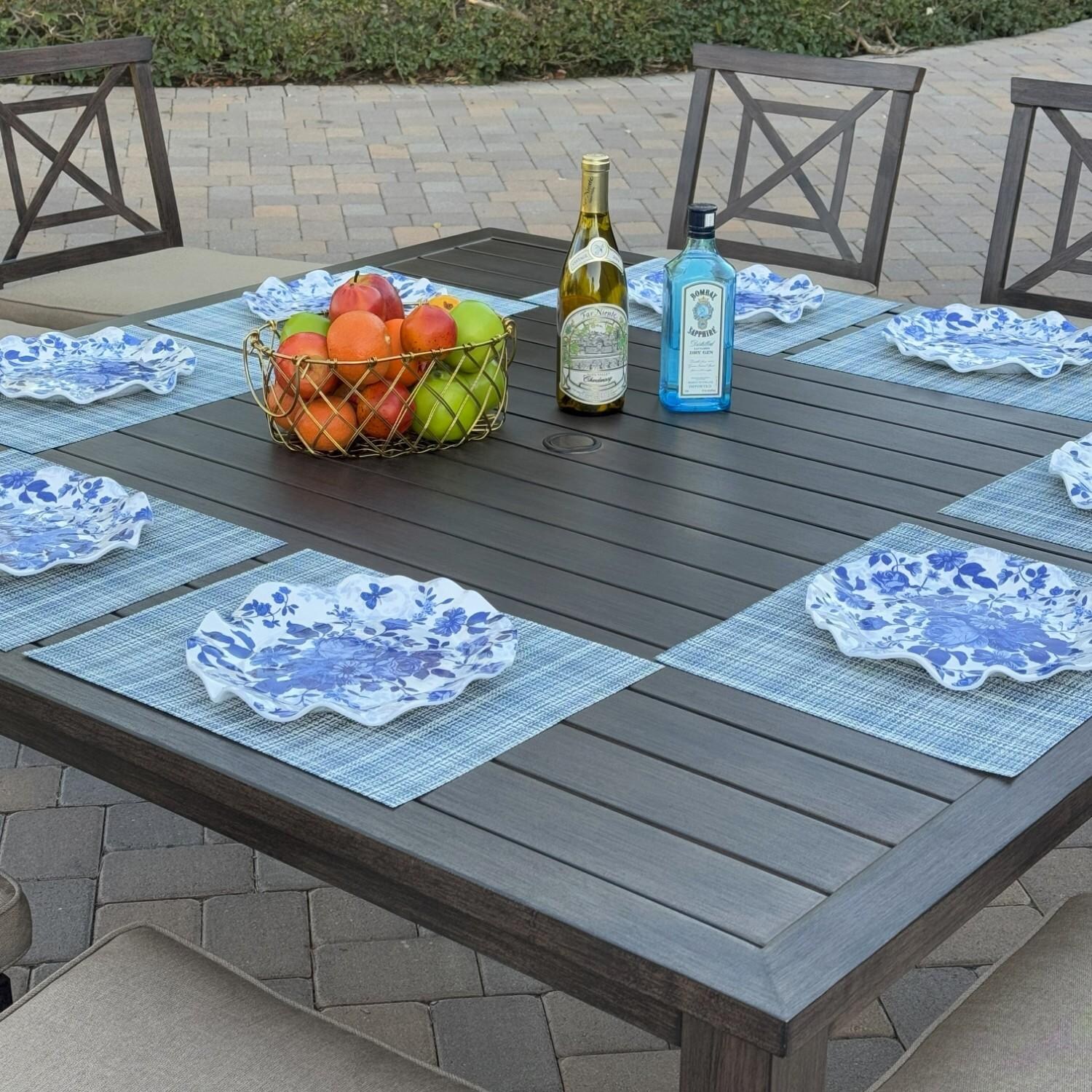 Atlantis 9 Pc Aluminum Dining Set w/ 8 Dining Side Chairs in Walnut/Beige by Darlee - Table Top - Lifestyle thumbnail