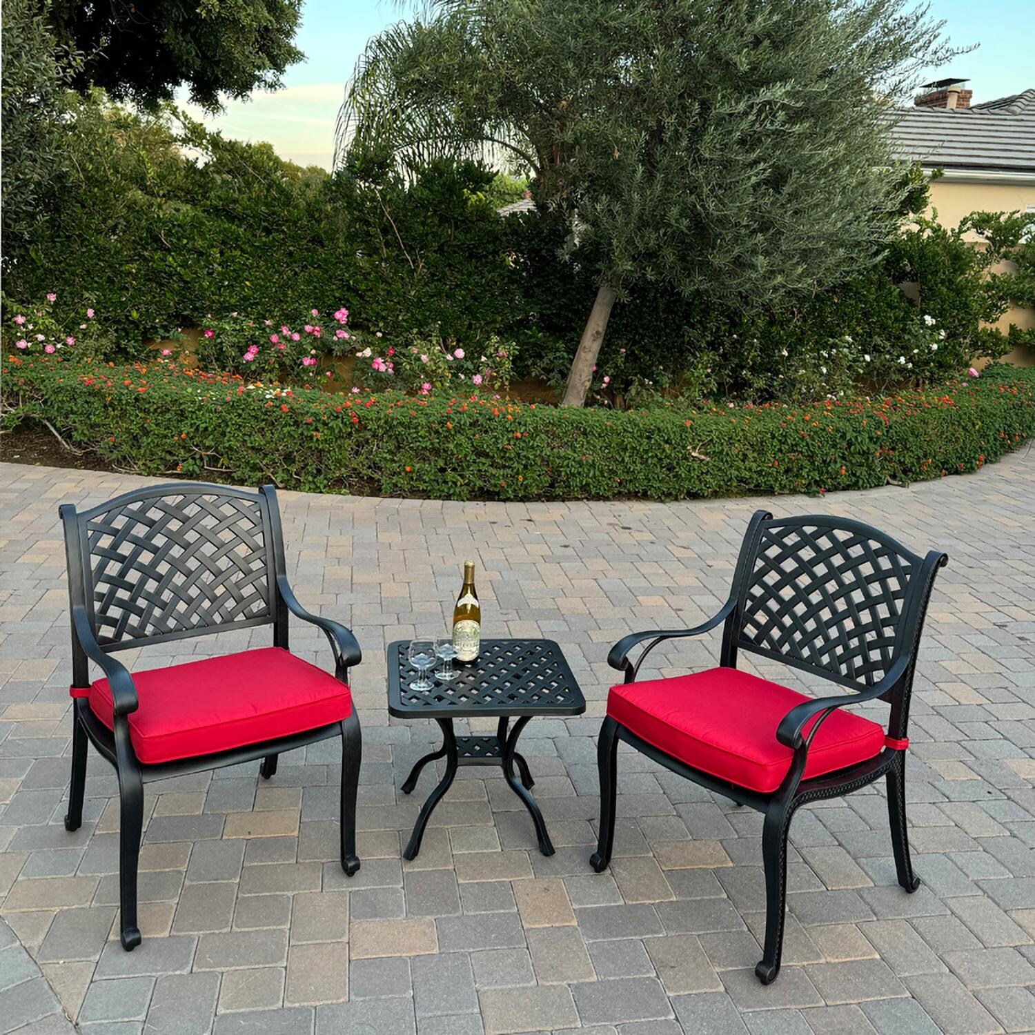 Darlee B/DL13-3PC-30A-R Nassau 3 Pc Cast Aluminum Conversation Set in Antique Bronze w/ Red Cushions - Set - Lifestyle thumbnail