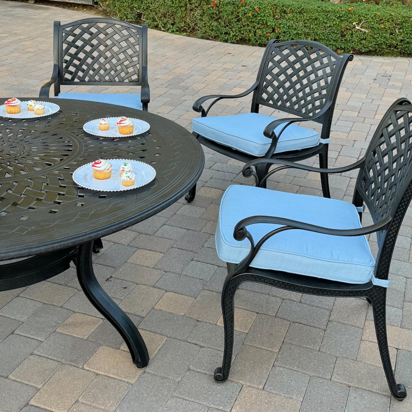 Darlee B/DL13-7PC-26D-B Nassau 7 Pc Cast Aluminum Dining Set in Antique Bronze w/ Blue Cushions - Chair Side - Lifestyle thumbnail